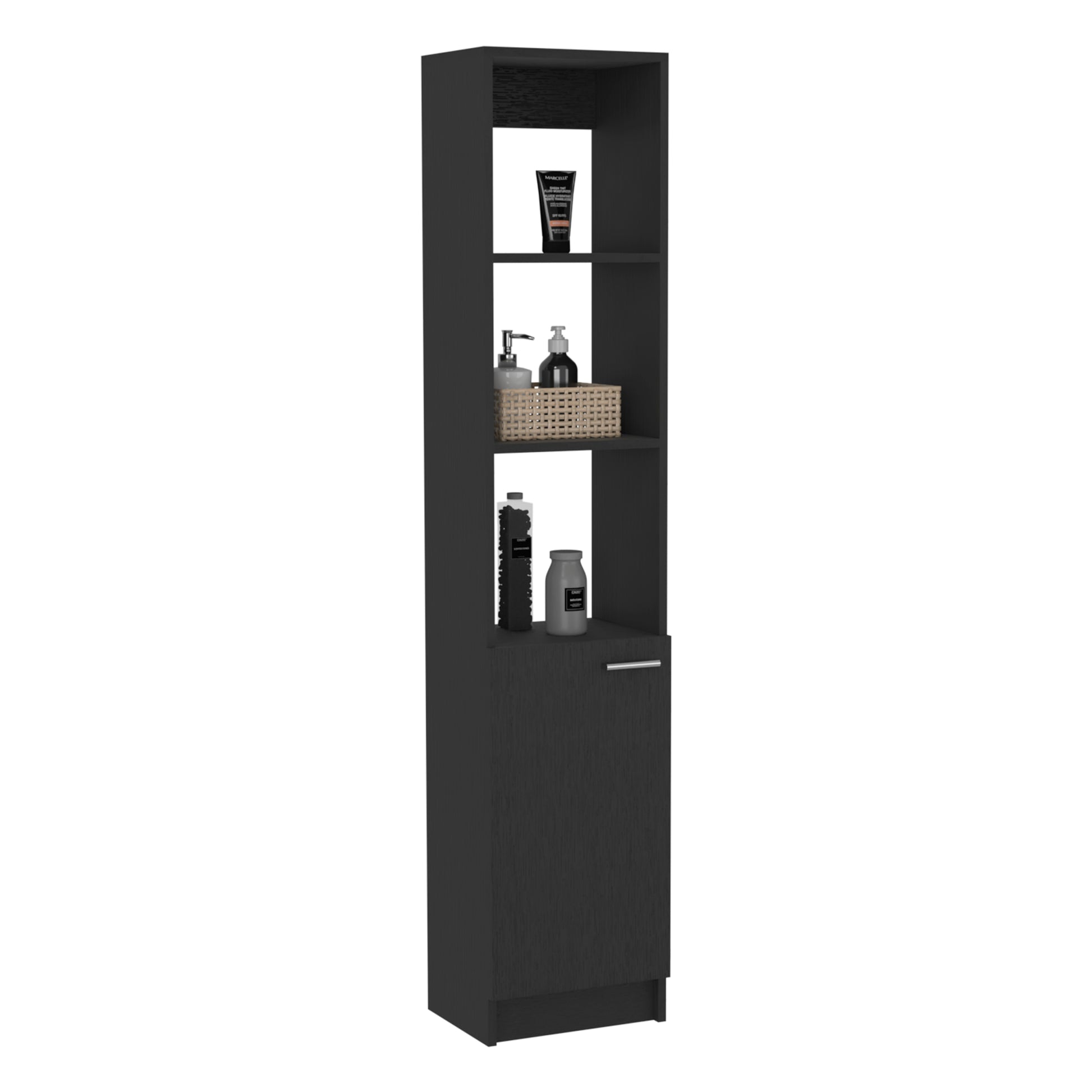 64H" Linen Single Door Cabinet, Three External Shelves, Two Interior Shelves And Metal Handle, Black Black Particle Board Particle Board