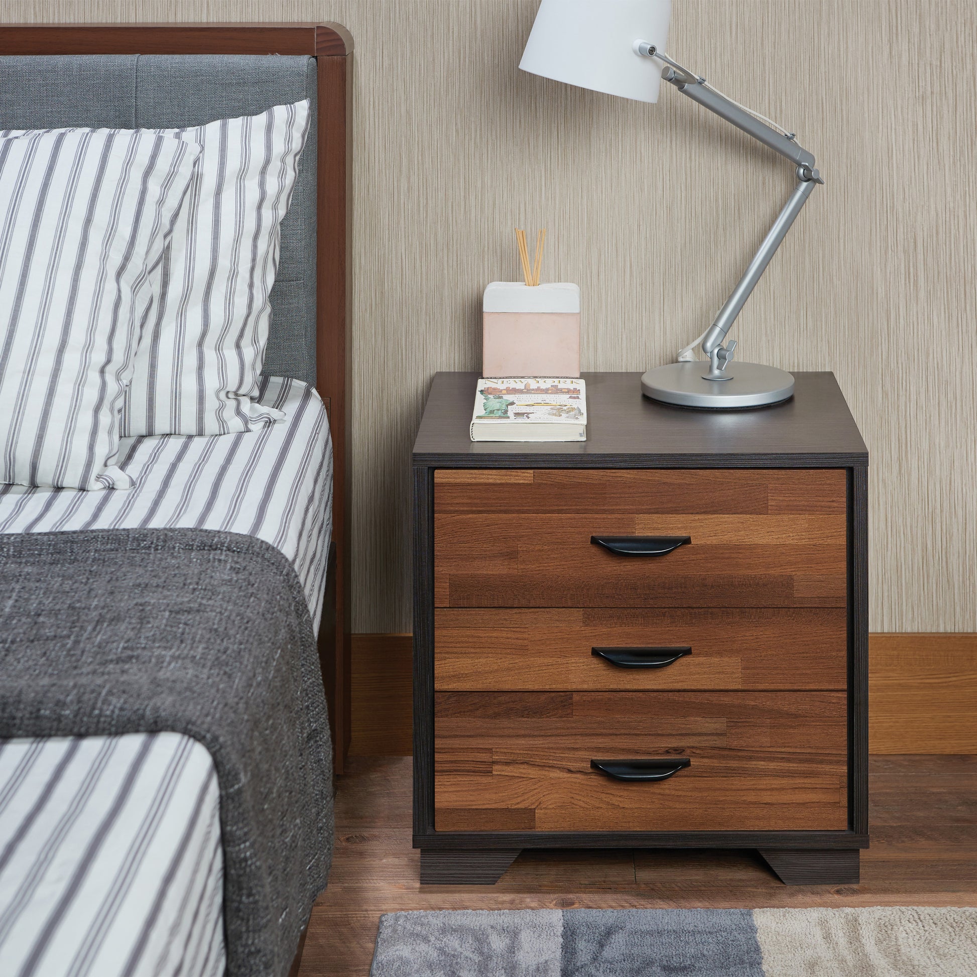 Walnut And Espresso 3 Drawer Rectangular Accent Table Walnut Primary Living Space Modern Drawers Rectangular Wood