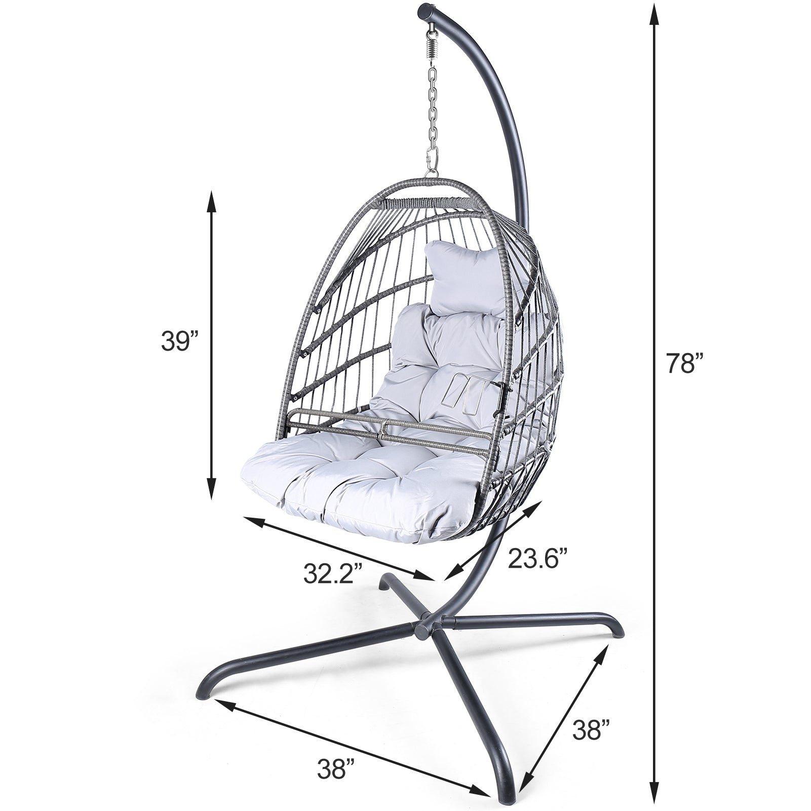 Swing Egg Chair With Stand Indoor Outdoor Wicker Rattan Patio Basket Hanging Chair With C Type Bracketwith Cushion And Pillow,Patio Wicker Folding Hanging Chair Special Construction Cup Holder Gray Metal