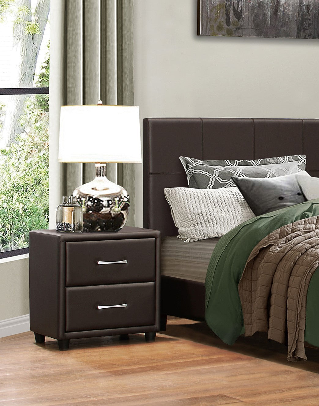 Contemporary Design 1Pc Bedroom Furniture Two Drawers Nightstand Silver Tone Bar Pulls Faux Leather Upholstery, Dark Brown Pvc Dark Brown 2 Drawers Bedside Cabinet Bedroom Contemporary,Traditional Drawers Plywood