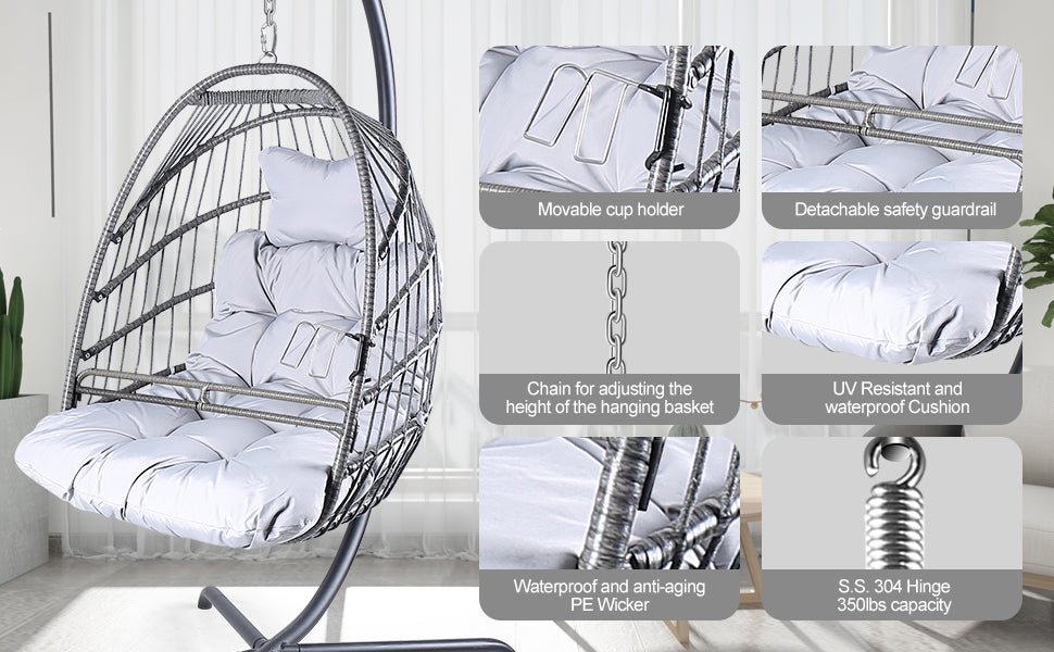 Swing Egg Chair With Stand Indoor Outdoor Wicker Rattan Patio Basket Hanging Chair With C Type Bracketwith Cushion And Pillow,Patio Wicker Folding Hanging Chair Special Construction Cup Holder Gray Metal