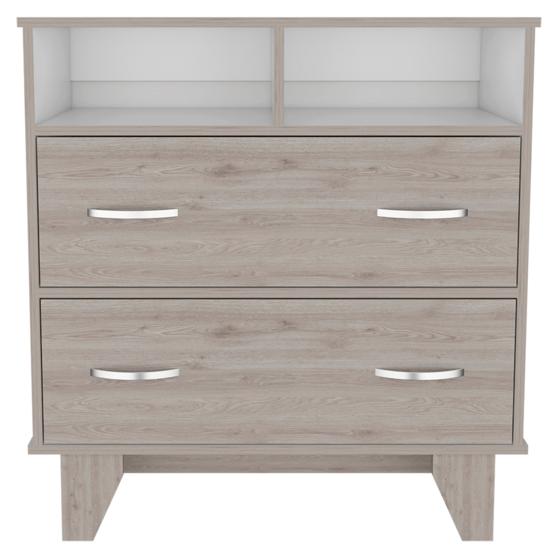 Portanova Two Drawer Dresser, Two Open Shelves, Superior Top, Four Legs Light Gray White Gray Drawer 2 Drawers Bedroom Shelf Modern Particle Board Particle Board