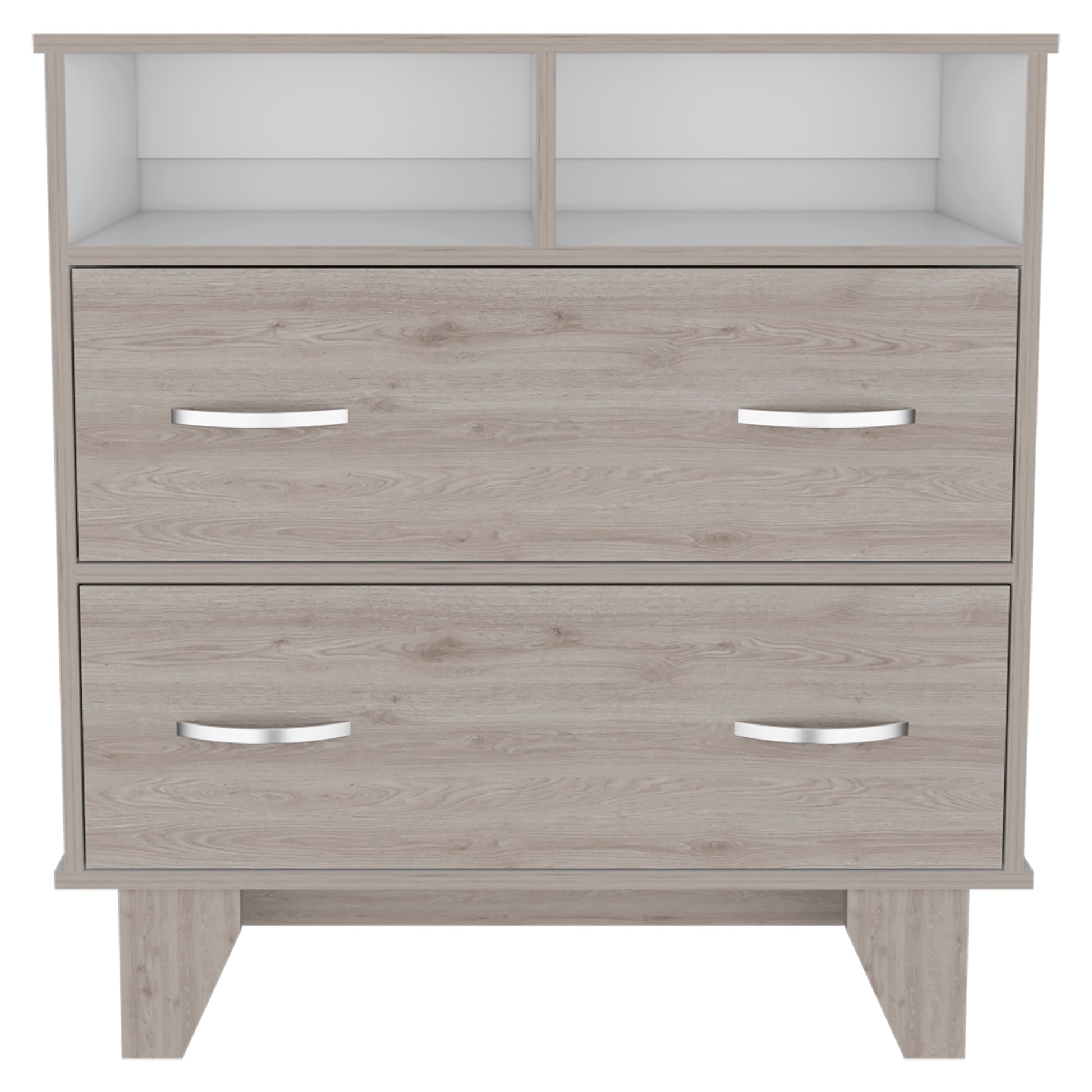 Portanova Two Drawer Dresser, Two Open Shelves, Superior Top, Four Legs Light Gray White Gray Drawer 2 Drawers Bedroom Shelf Modern Particle Board Particle Board