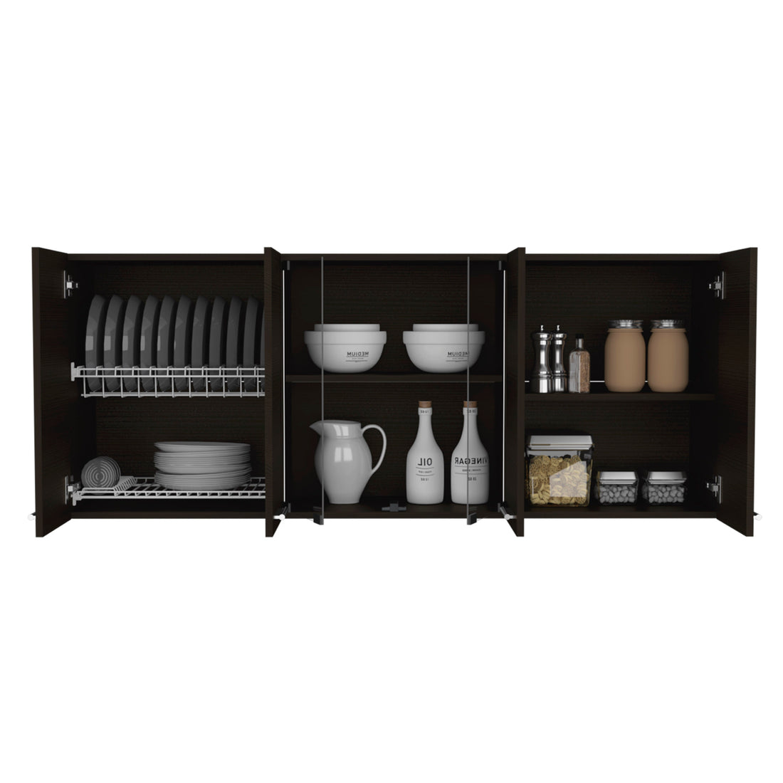 Wall Cabinet 24" H, Four Doors, With Two Internal Shelves And Internal Plate And Glass Organizer, Two Storage Shelves With Two Glass Doors, Black Black Particle Board Particle Board