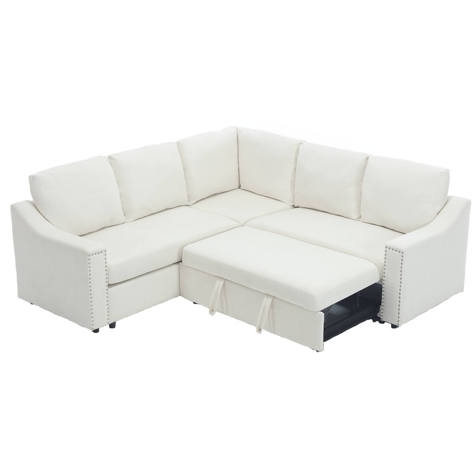Arrived L Shaped Sofa With Pull Out Sofa Bed, Corner Sofa,Comfortable Living Room Furniture Set, Sleeper Sofa Bed,Corner Seat For Two With Broaching Sofa,Rivet Dechenille,Beige Beige Polyester Wood Primary Living Space Modern Polyester 5 Seat