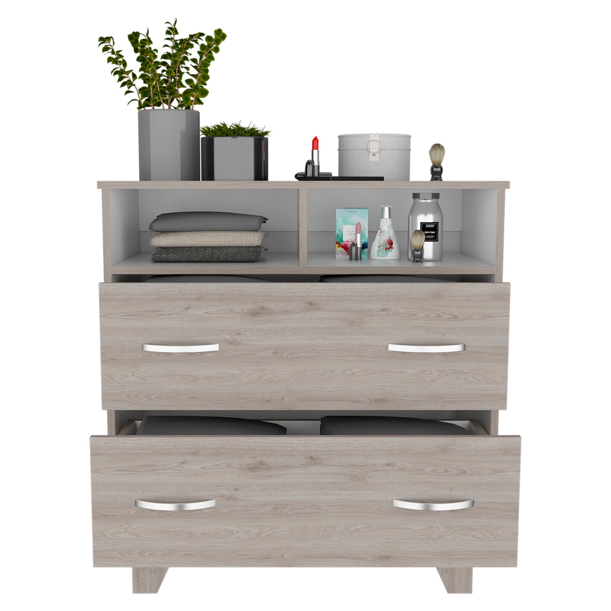 Portanova Two Drawer Dresser, Two Open Shelves, Superior Top, Four Legs Light Gray White Gray Drawer 2 Drawers Bedroom Shelf Modern Particle Board Particle Board