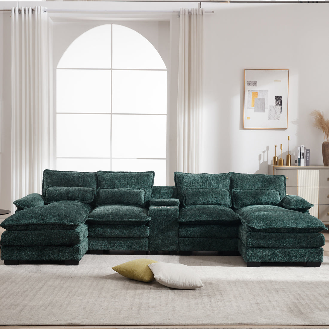 U Shape Sofa Green Solid Wood 4 Seat