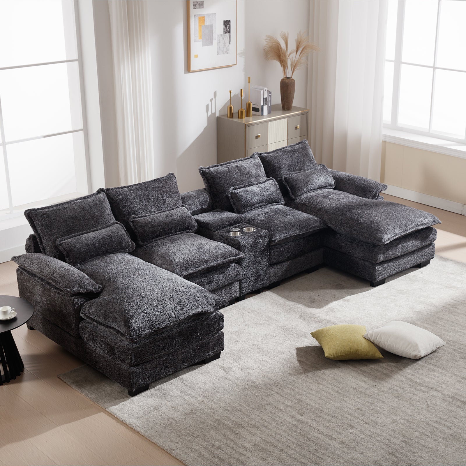 U Shape Sofa Gray Solid Wood 4 Seat