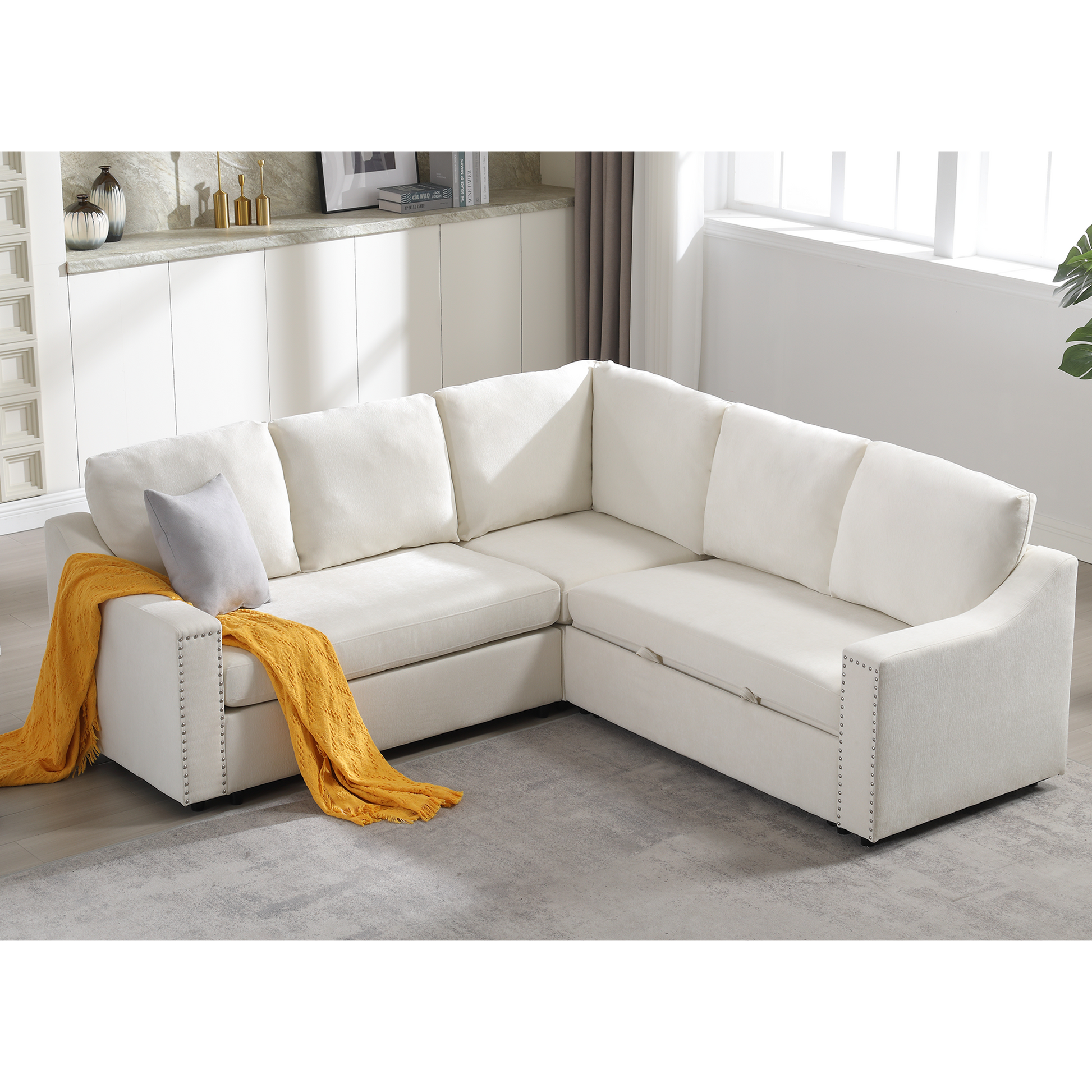 Arrived L Shaped Sofa With Pull Out Sofa Bed, Corner Sofa,Comfortable Living Room Furniture Set, Sleeper Sofa Bed,Corner Seat For Two With Broaching Sofa,Rivet Dechenille,Beige Beige Polyester Wood Primary Living Space Modern Polyester 5 Seat