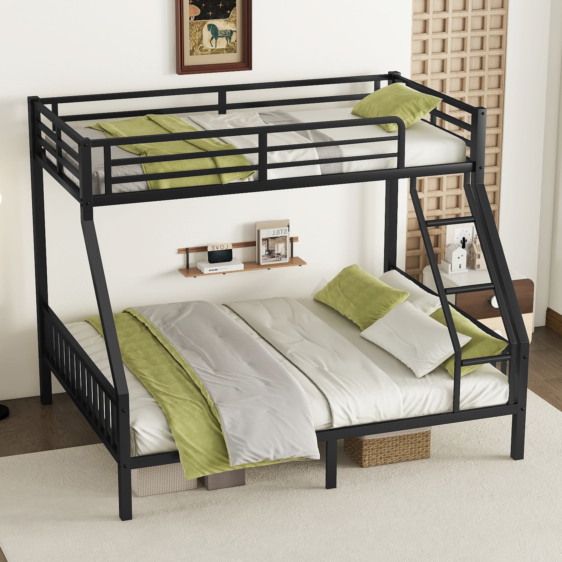 Twin Xl Over Queen Metal Bunk Bed With Ladder And Slats Support For Adults Teens, Black Box Spring Not Required Twin Xl Black Bunk Steel