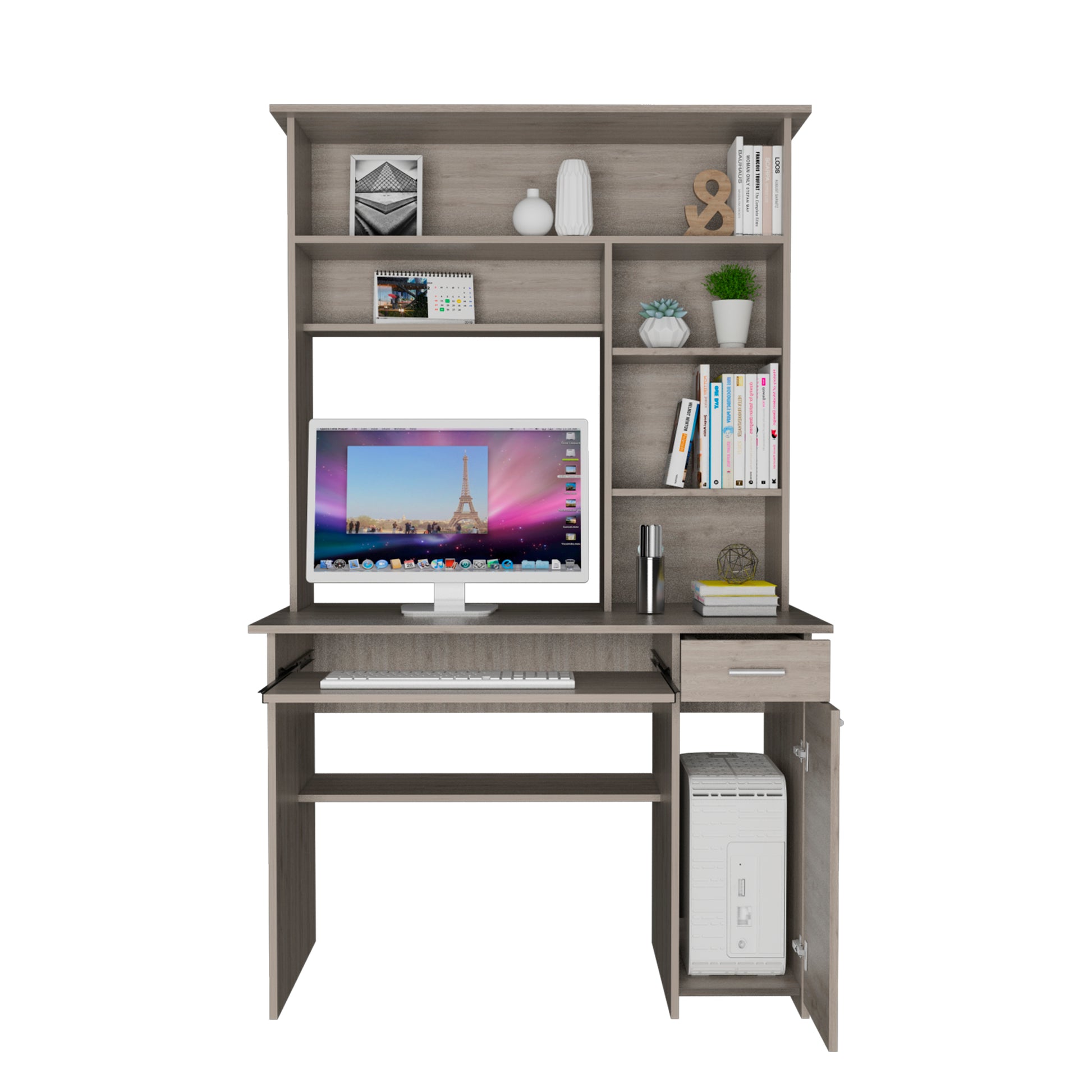 Compu 180 Hutch Desk, Multiple Shelves, Keyboard Tray, Cpu Anel, One Drawer Light Gray Gray Particle Board Particle Board