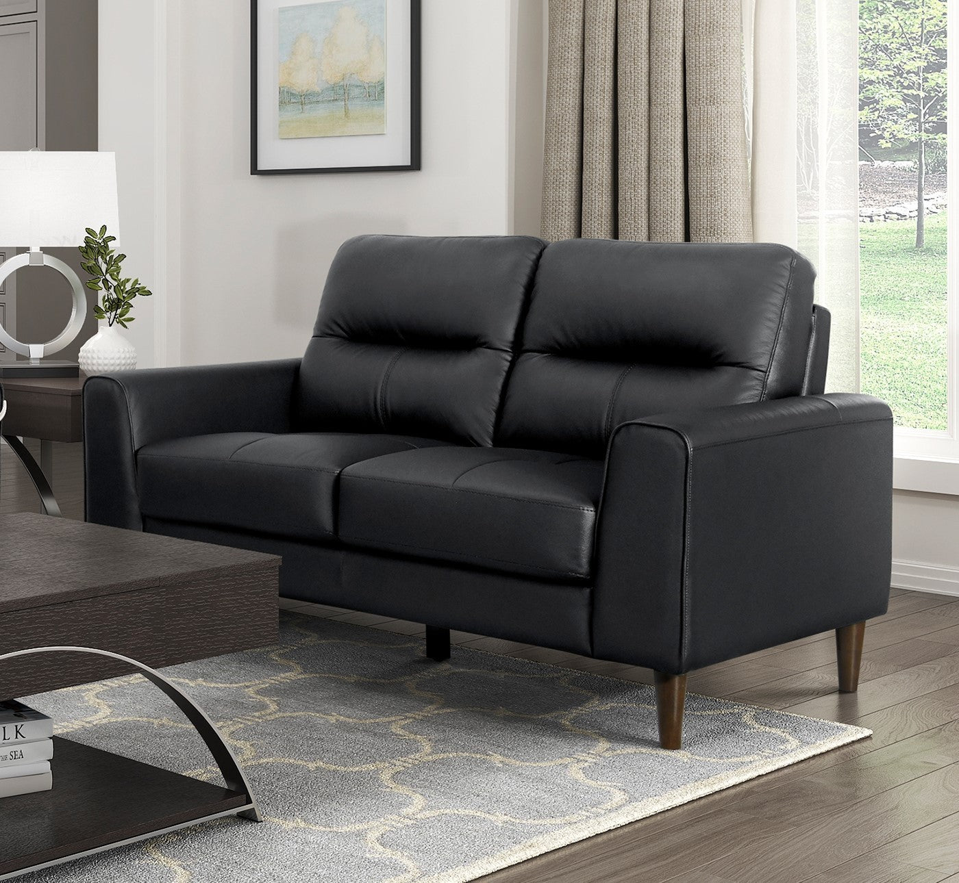 Modern Living Room Furniture Black Top Grain Leather Loveseat 1Pc Cushion Seat And Back Solid Wood Frame Black Genuine Leather Wood Primary Living Space Modern Solid Wood