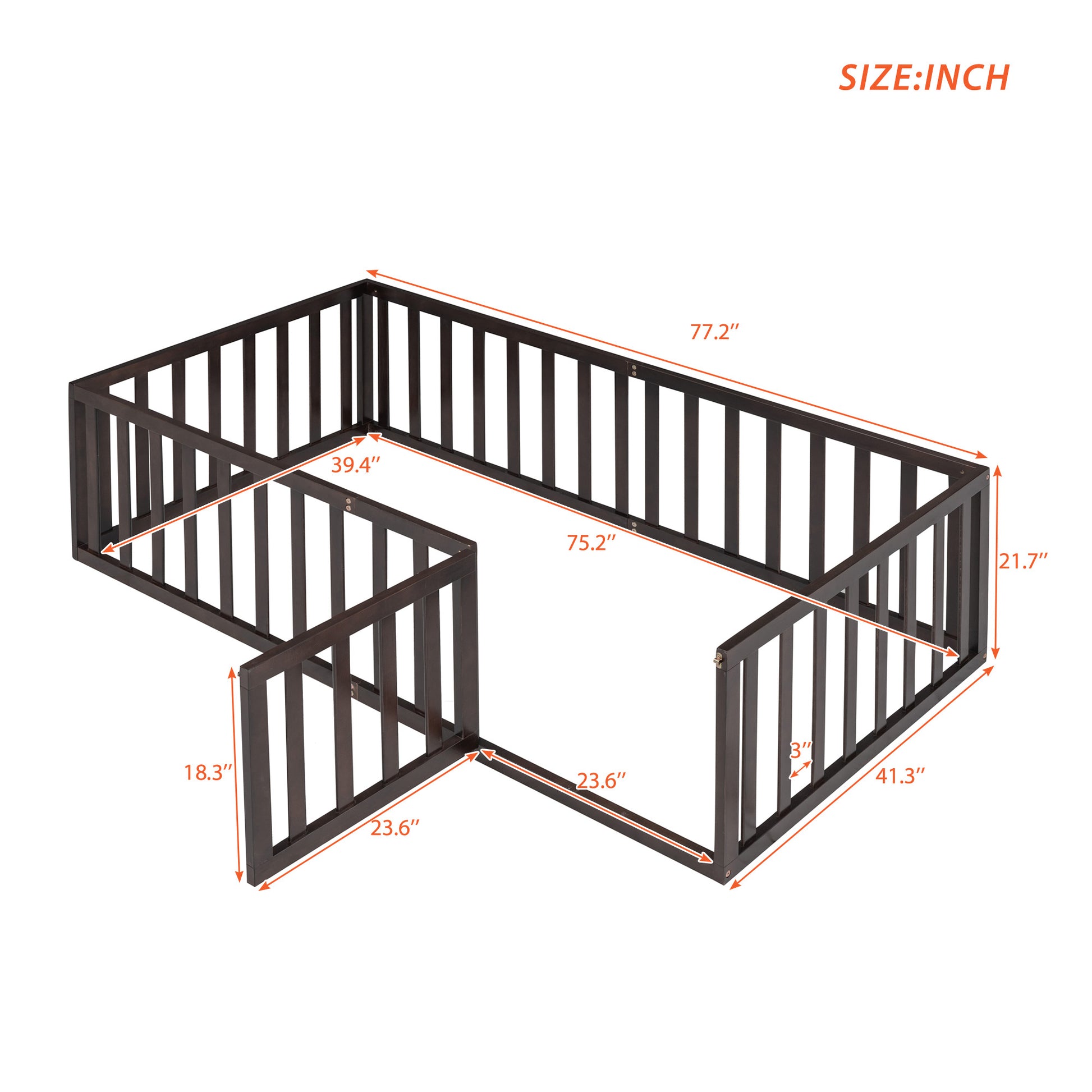 Twin Size Wood Floor Bed Frame With Fence And Door, Walnut Old Sku :Wf289661Aal Twin Walnut Solid Wood