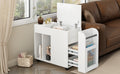 Multifunctional End Table With Wheels, Side Table With Tempered Glass Door, 2 Storage Shelves, 2 Drawers For Living Room, White White Mdf