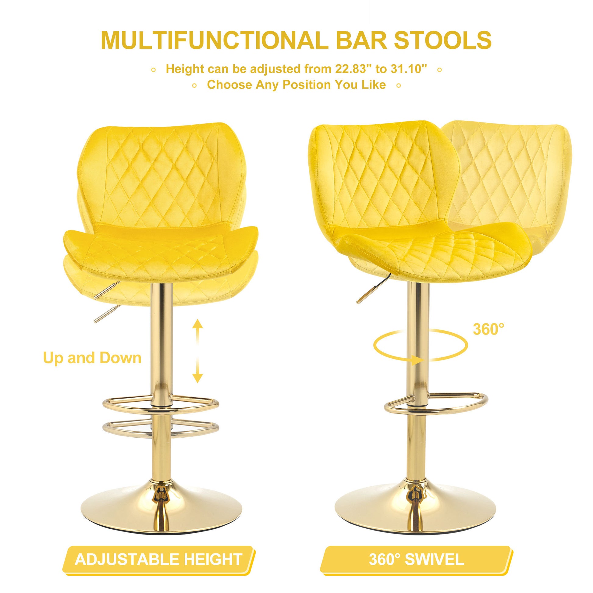 Yellow Velvet Adjustable Swivel Bar Stools Set Of 2 Modern Counter Height Barstools With Golden Color Base Yellow Primary Living Space Modern Bar Stools Foam Velvet