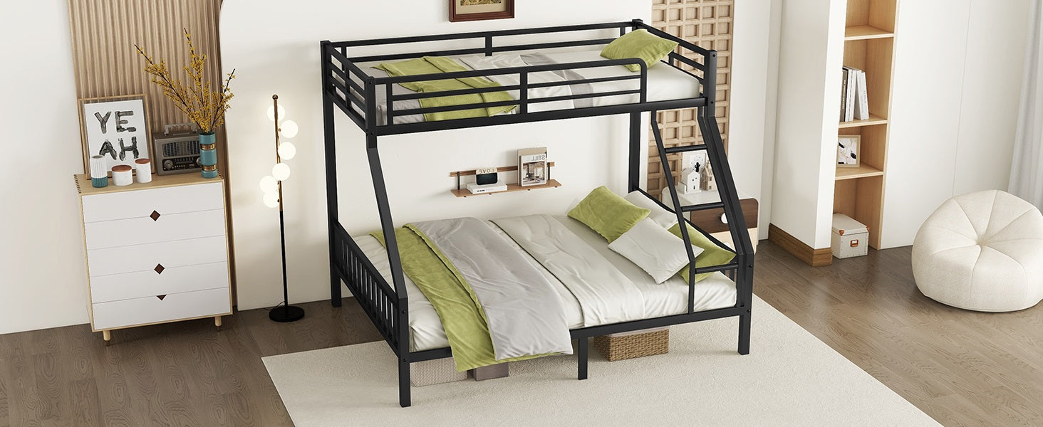 Twin Xl Over Queen Metal Bunk Bed With Ladder And Slats Support For Adults Teens, Black Box Spring Not Required Twin Xl Black Bunk Steel