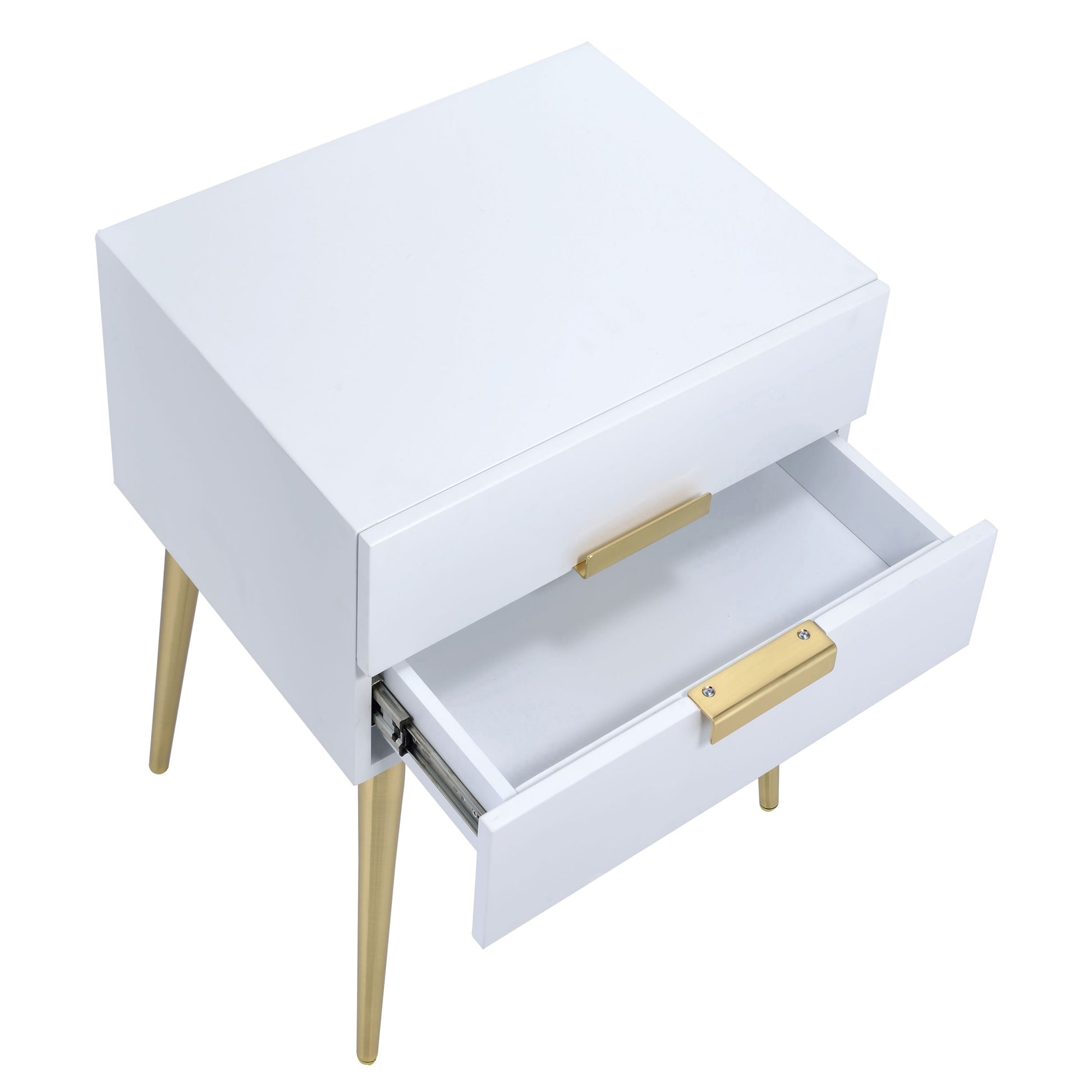 White And Gold Side Table With 2 Drawer White Gold White Primary Living Space Mid Century Modern Drawers Square Wood Metal