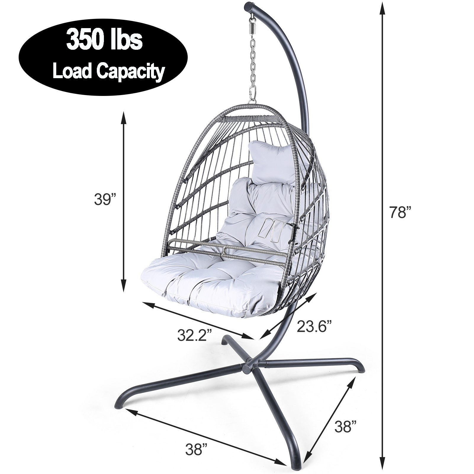 Swing Egg Chair With Stand Indoor Outdoor Wicker Rattan Patio Basket Hanging Chair With C Type Bracketwith Cushion And Pillow,Patio Wicker Folding Hanging Chair Special Construction Cup Holder Gray Metal