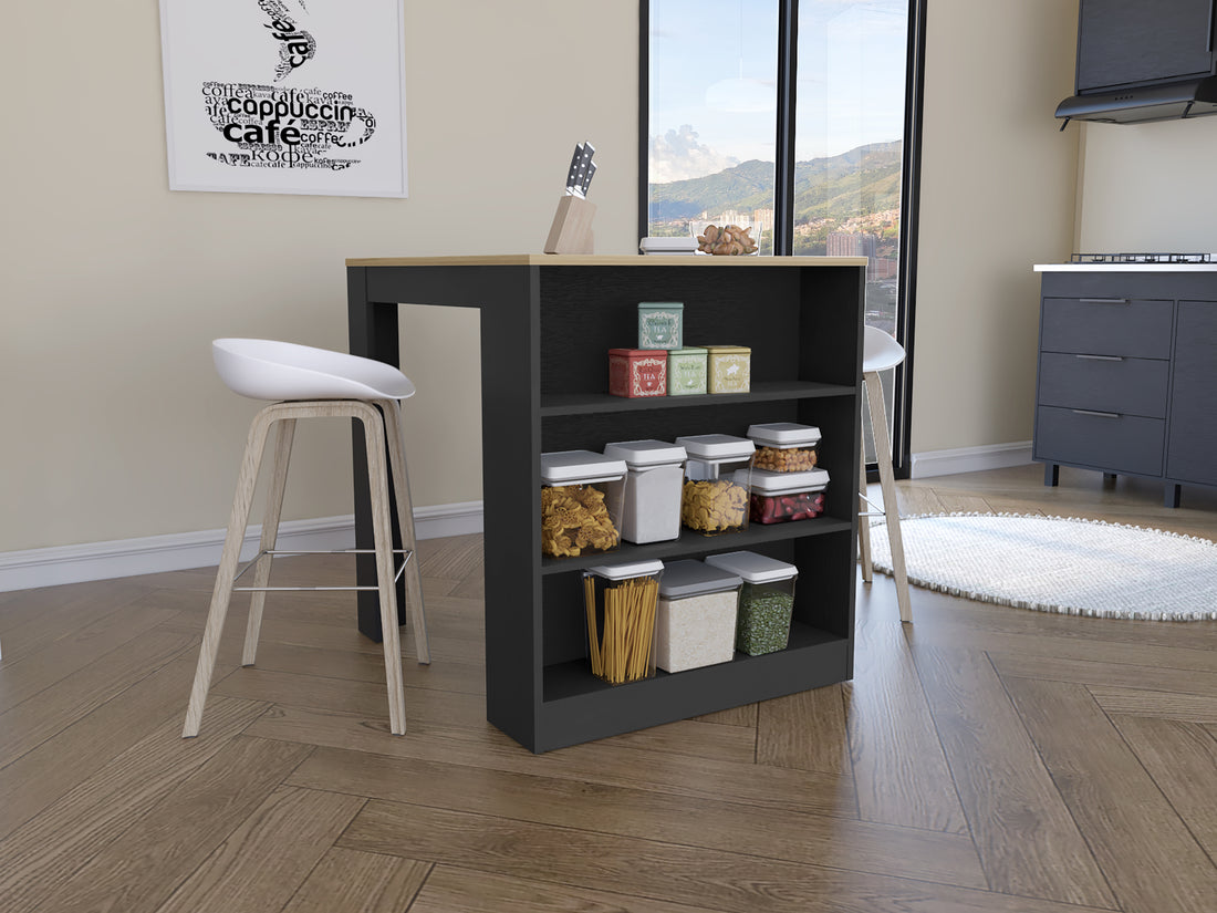 Tanna Kitchen Counter Dining Table ,Two Legs, Three Side Shelves Black Pine Multicolor Particle Board Particle Board