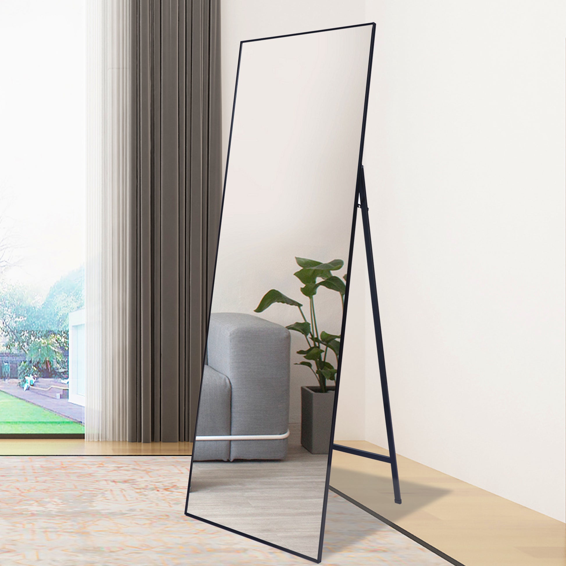 Black 65 X 22 In Metal Stand Full Length Mirror Black Classic Mdf Glass Aluminium Alloy