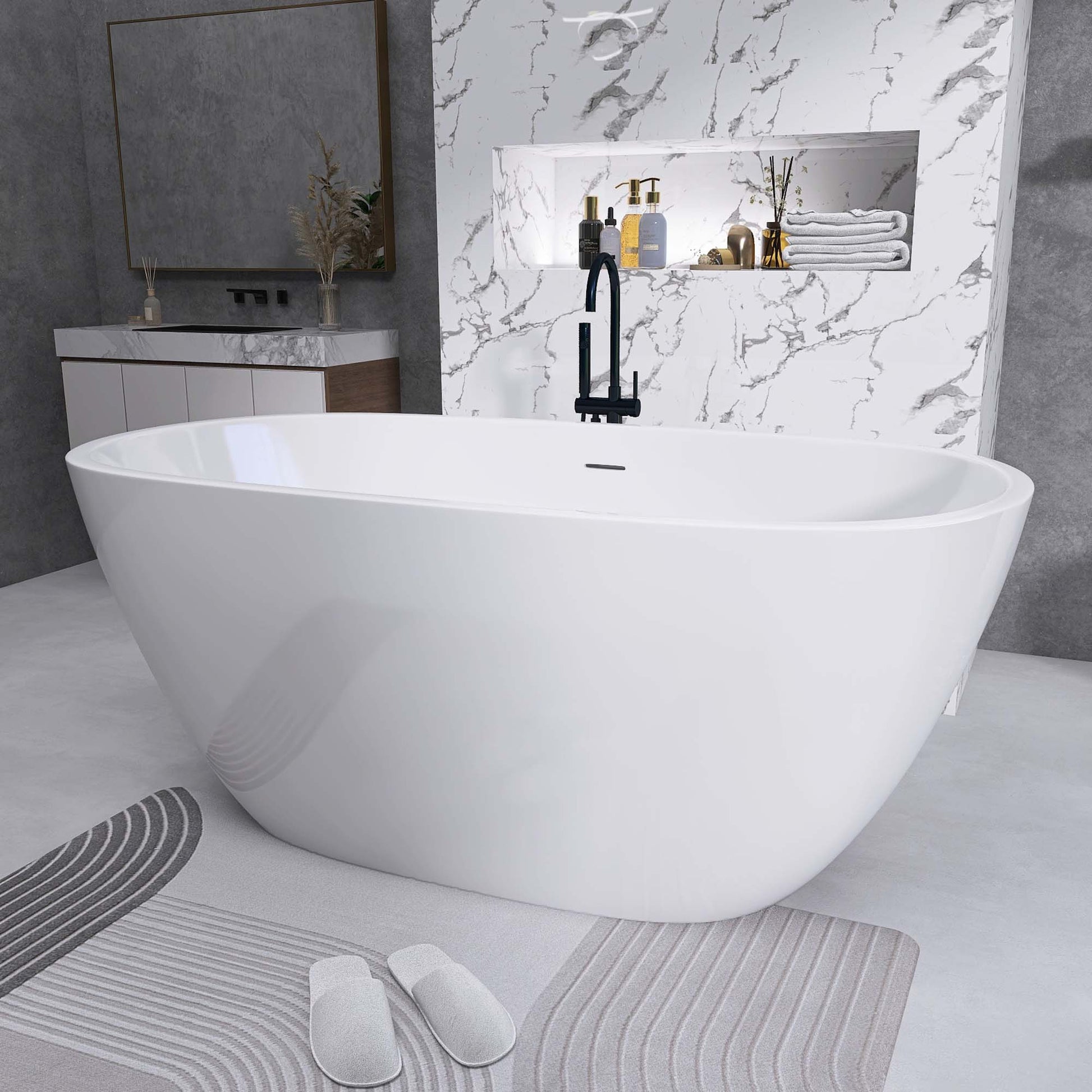 55" Acrylic Free Standing Tub Classic Oval Shape Soaking Tub, Adjustable Freestanding Bathtub With Integrated Slotted Overflow And Chrome Pop Up Drain Anti Clogging Gloss White Gloss White Oval Bathroom Freestanding Tubs Polished Less Than 59 In Modern