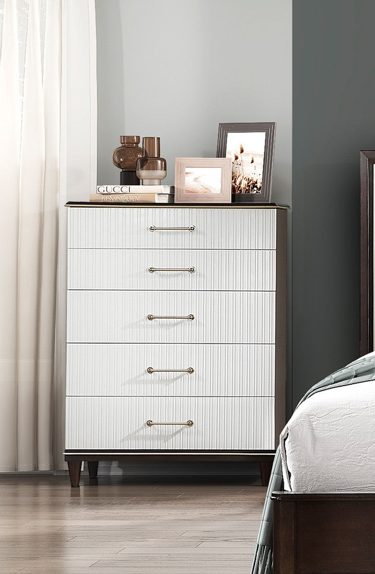 Glamorous White And Cherry Finish 1Pc Chest Of 6 Drawers Modern Bedroom Furniture With Gold Trim Accent White Bedroom Contemporary,Glam,Modern Wood