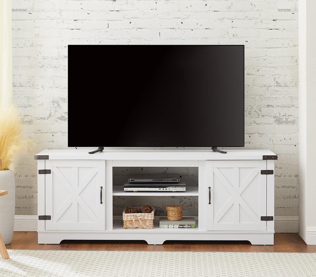 Modern Farmhouse Tv Media Stand, Large Barn Inspired Home Entertainment Console, For Tv Up To 70'', With Open Shelves And Closed Cabinets, White, 64.8"W*15.67"D*24.29"H White 60 69 Inches 70 Inches Mdf