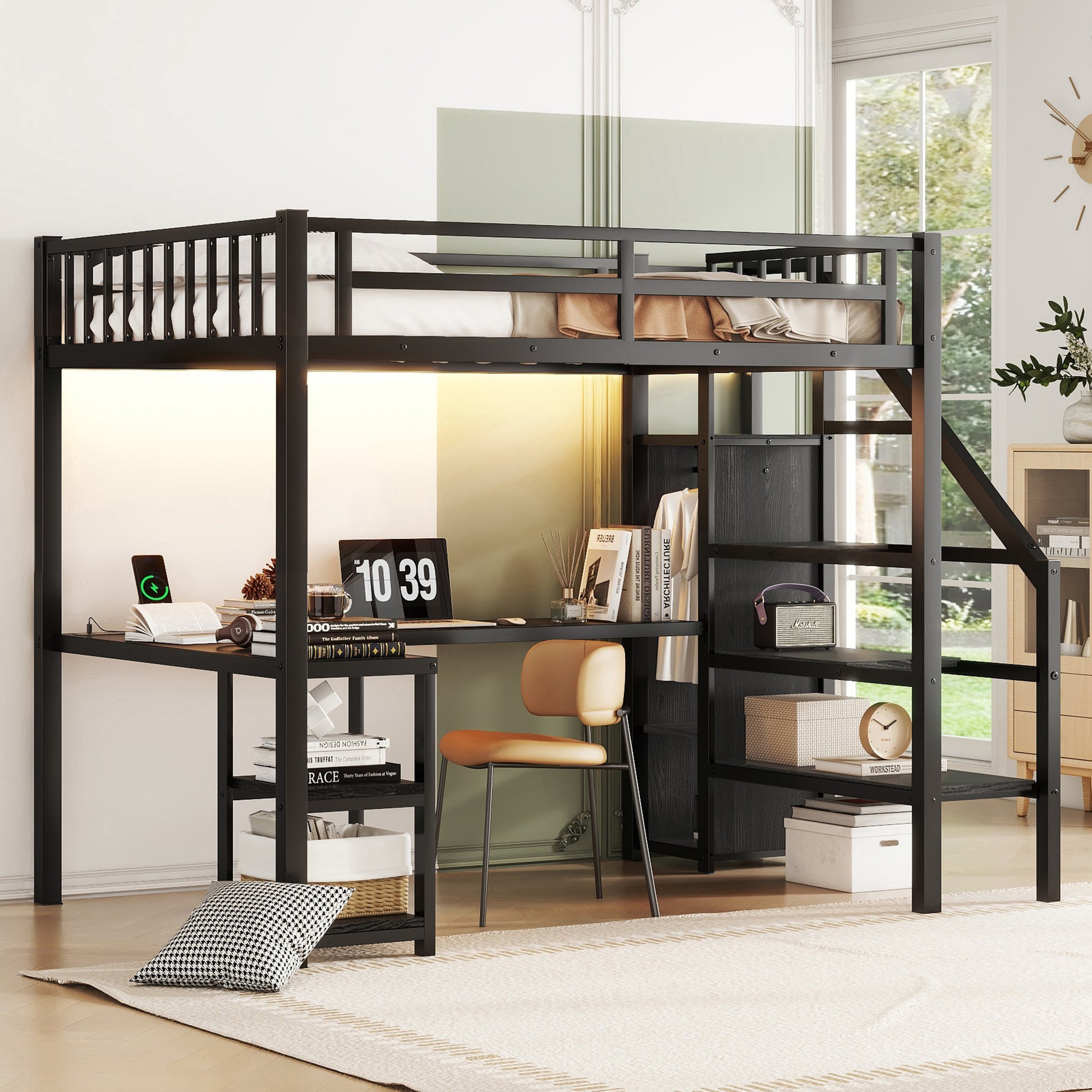 Metal Full Loft Bed With Wardrobe And Led Light, Full Size Loft Bed With L Shaped Desk And Usb For Kids Teens Adults, Black Full Black Metal