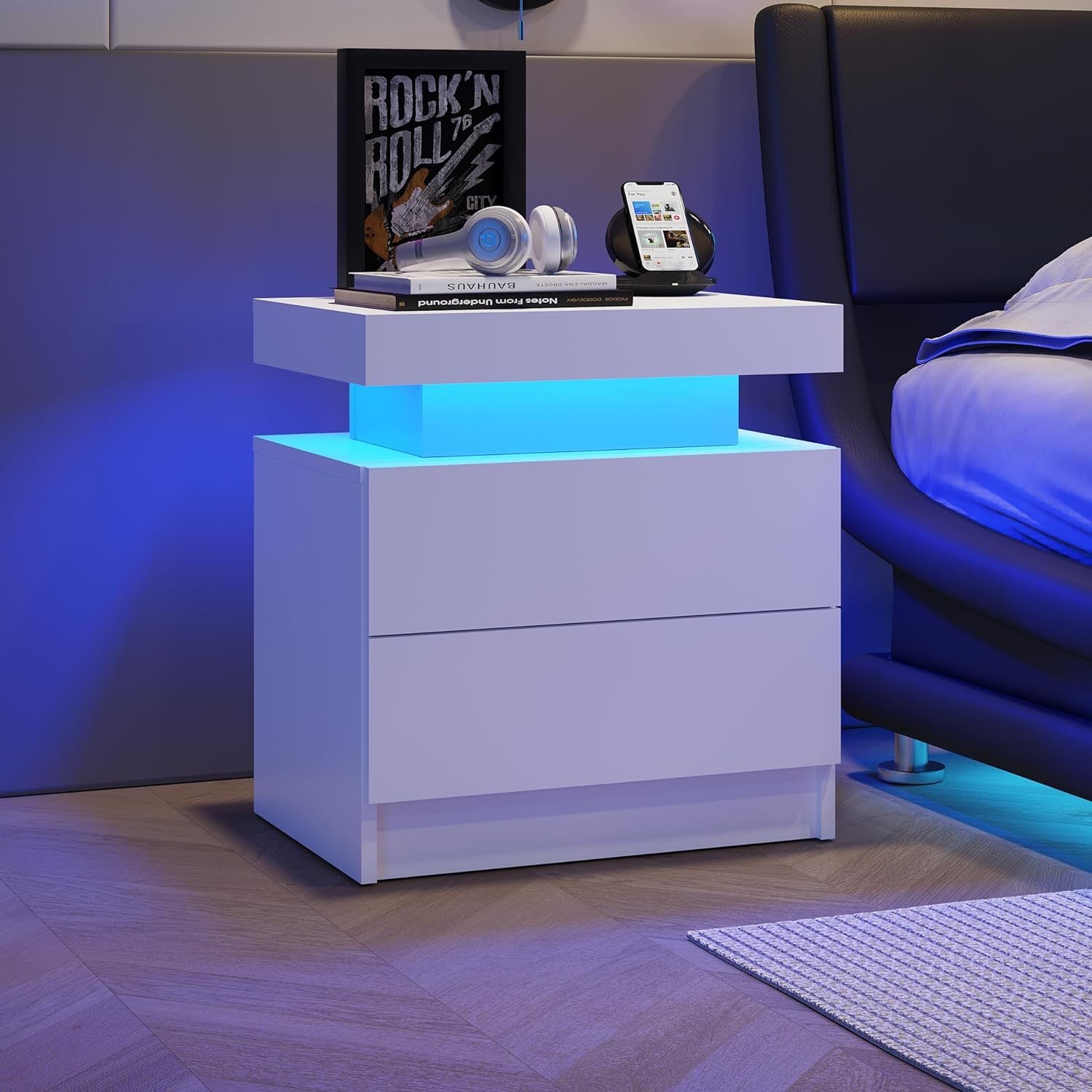 Modern White Nightstand With 2 Storage Drawers,Led Lights, End Table For Bedroom Furniture White Particle Board