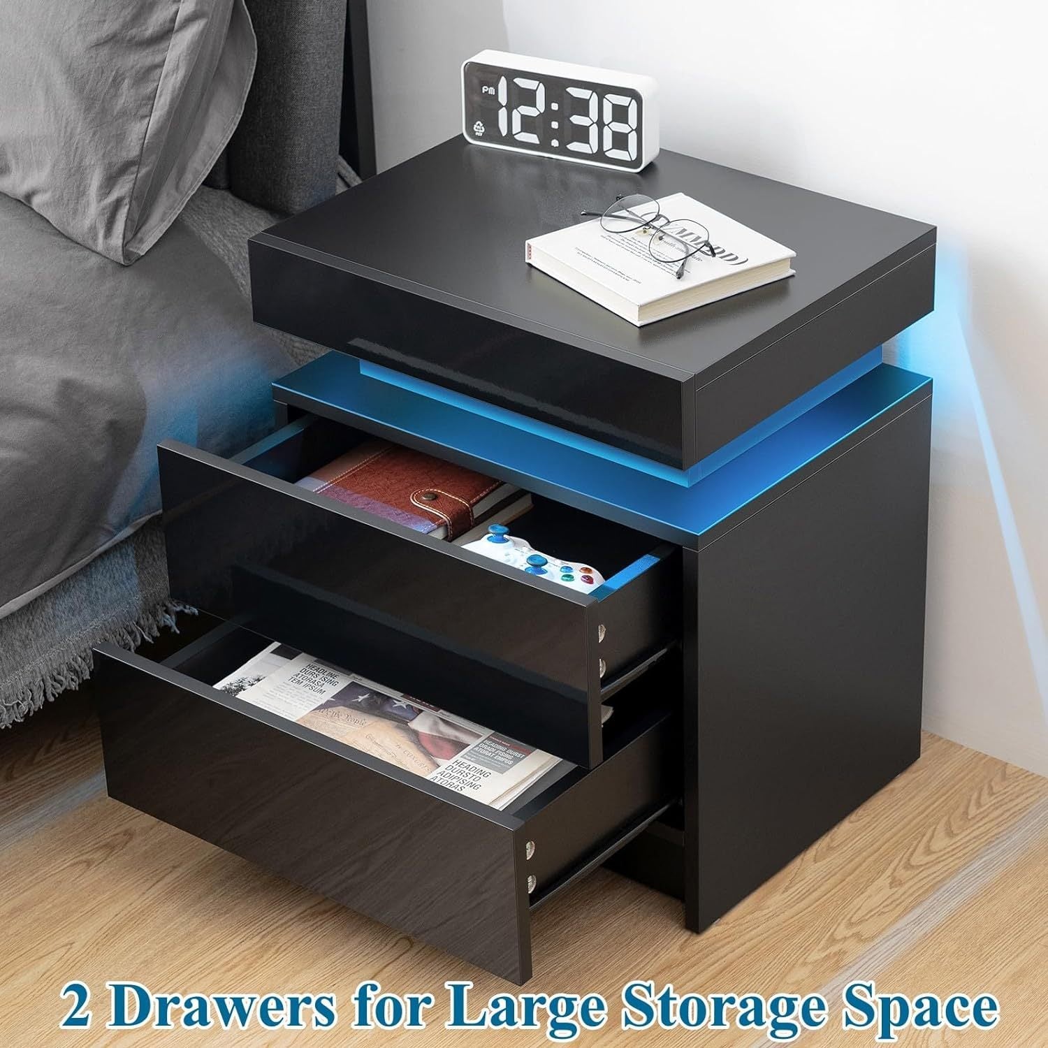 Modern Black Led Nightstand With Led Lights Bedside Table With 2 High Gloss Drawers For Bedroom Black Particle Board