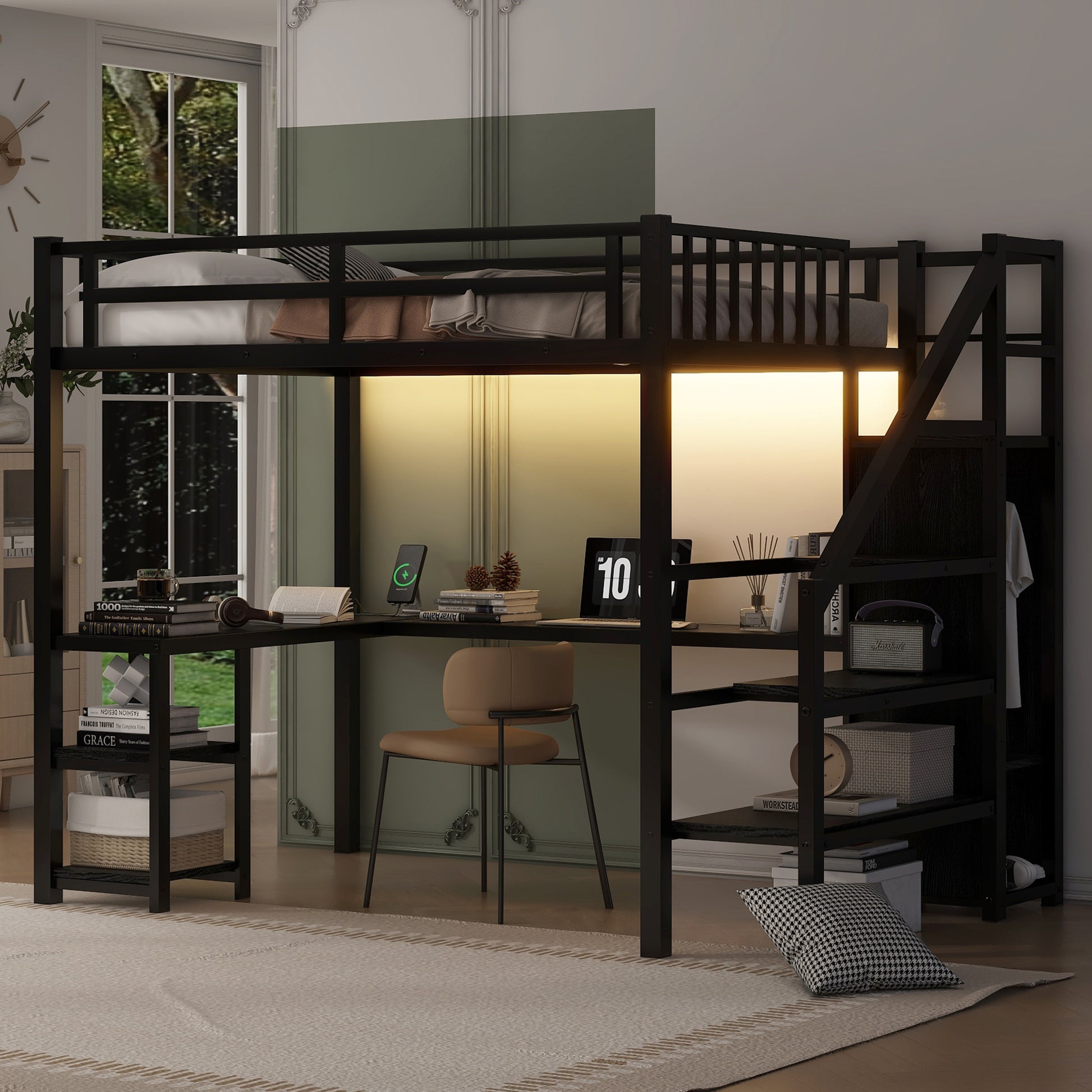 Metal Full Loft Bed With Wardrobe And Led Light, Full Size Loft Bed With L Shaped Desk And Usb For Kids Teens Adults, Black Full Black Metal