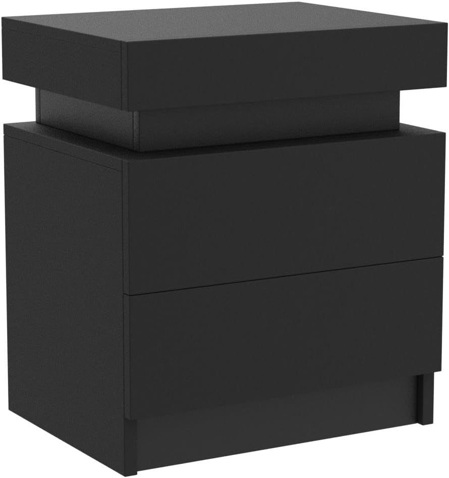 Modern Black Led Nightstand With Led Lights Bedside Table With 2 High Gloss Drawers For Bedroom Black Particle Board