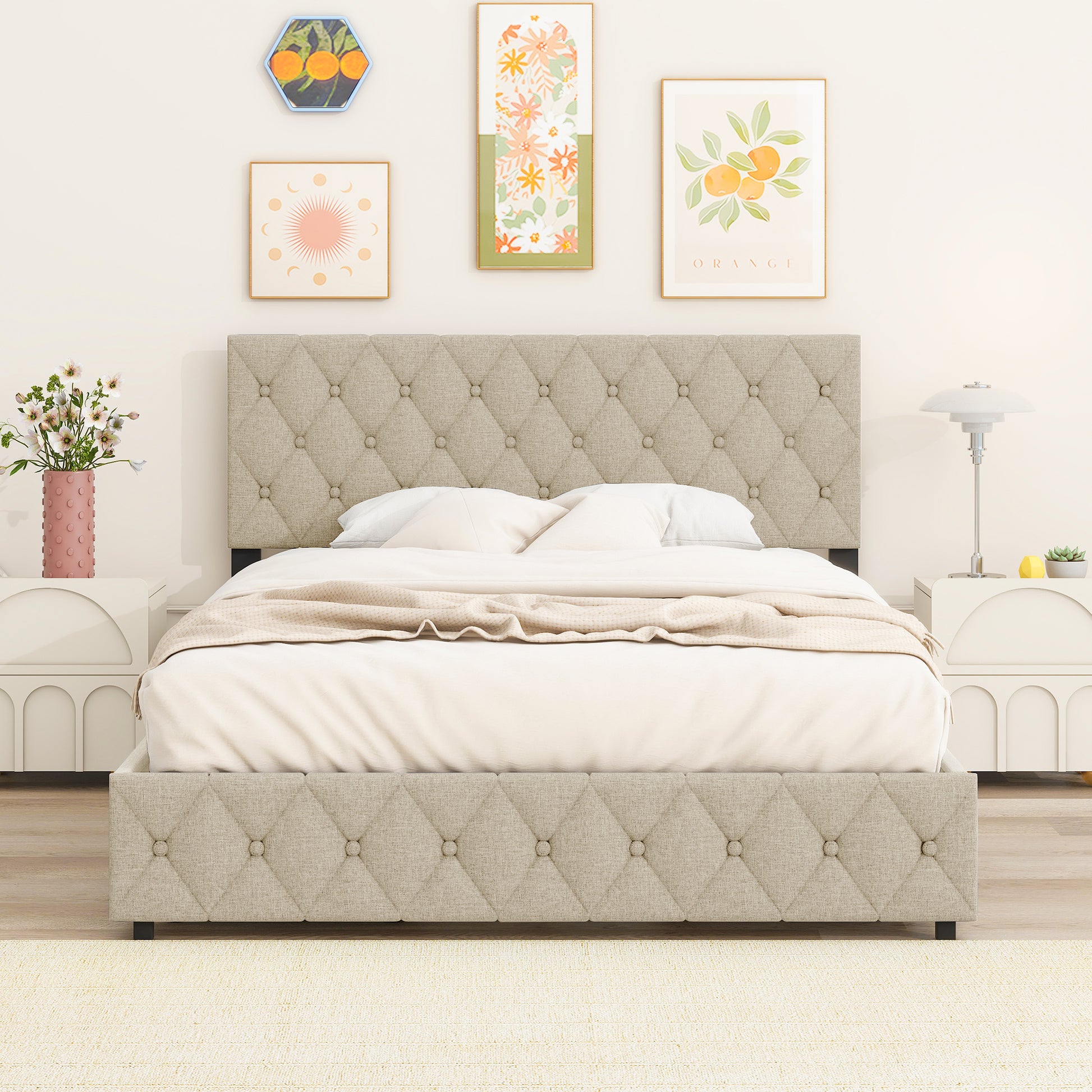 Queen Size Upholstered Platform Bed Frame With 4 Storage Drawers, Adjustable Linen Headboard, Wooden Slats Support, No Box Spring Needed, Easy Assembly, Light Beige Box Spring Not Required Queen Light Beige Wood Bedroom American Design Bed Frame Linen