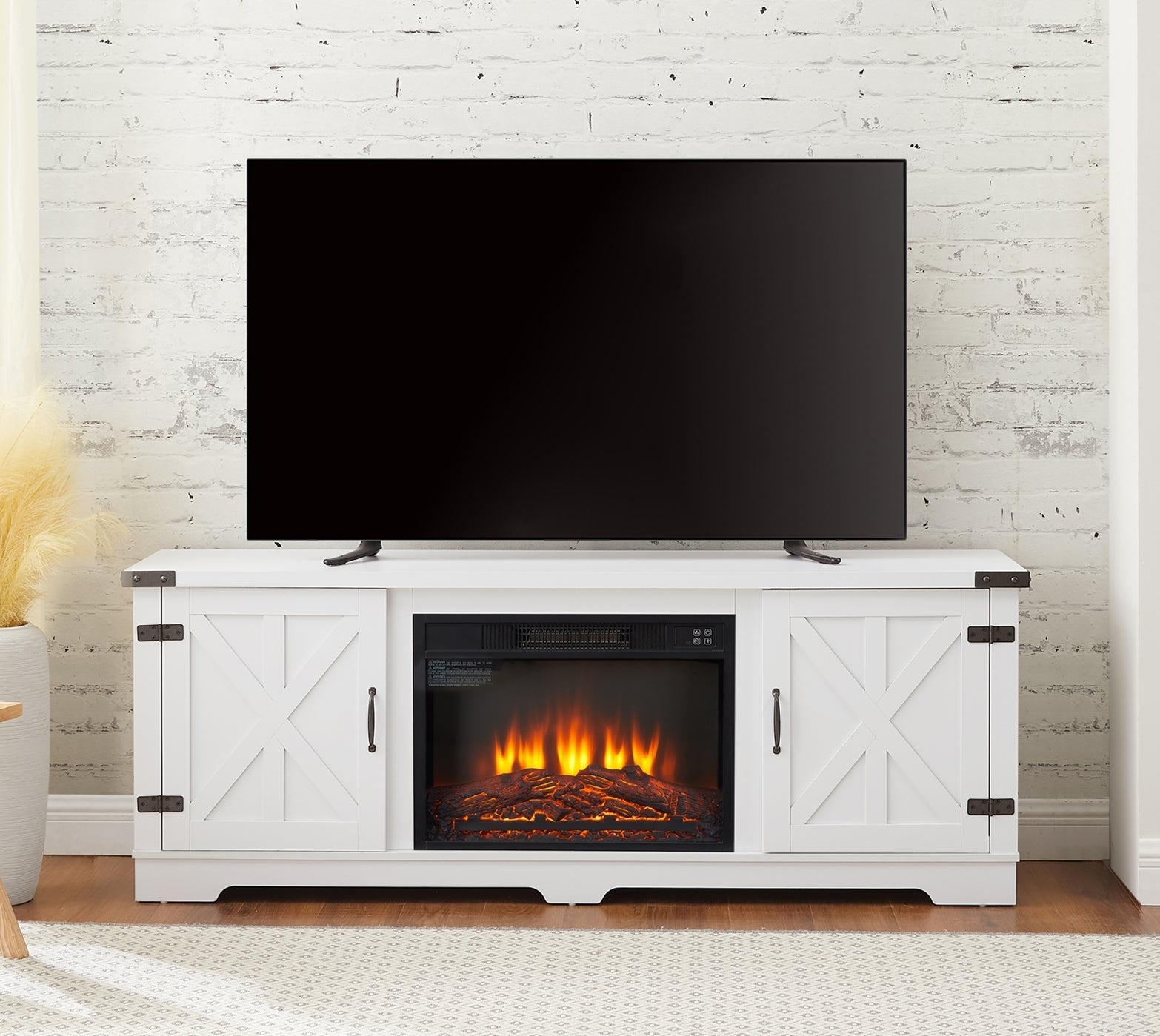 Modern Farmhouse Tv Media Stand, Large Barn Inspired Home Entertainment Console, With 23" Fireplace Insert, For Tv Up To 70'', With Open Shelves And Closed Cabinets, White, 64.8"W*15.67"D*24.29"H White 60 69 Inches 70 Inches Mdf