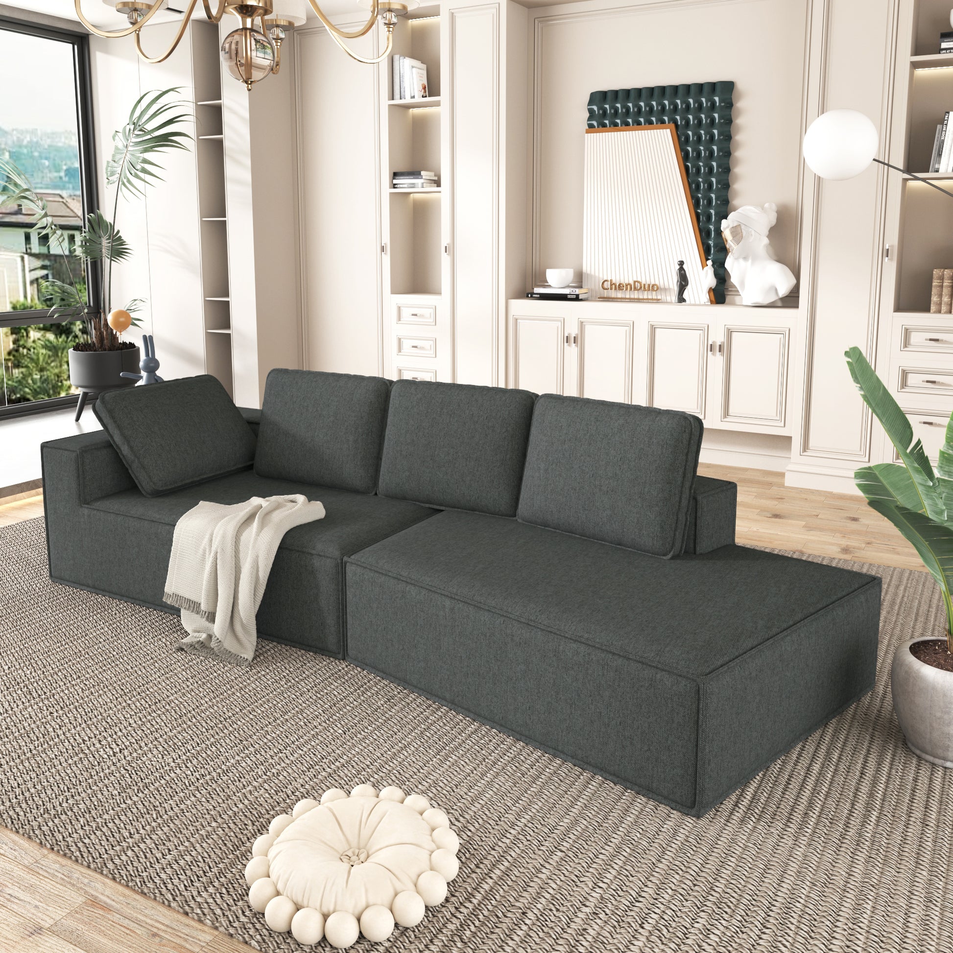 125" Stylish Chaise Lounge Modern Indoor Lounge Sofa Sleeper Sofa With Clean Lines For Living Room, Grey Grey Chenille 2 Seat