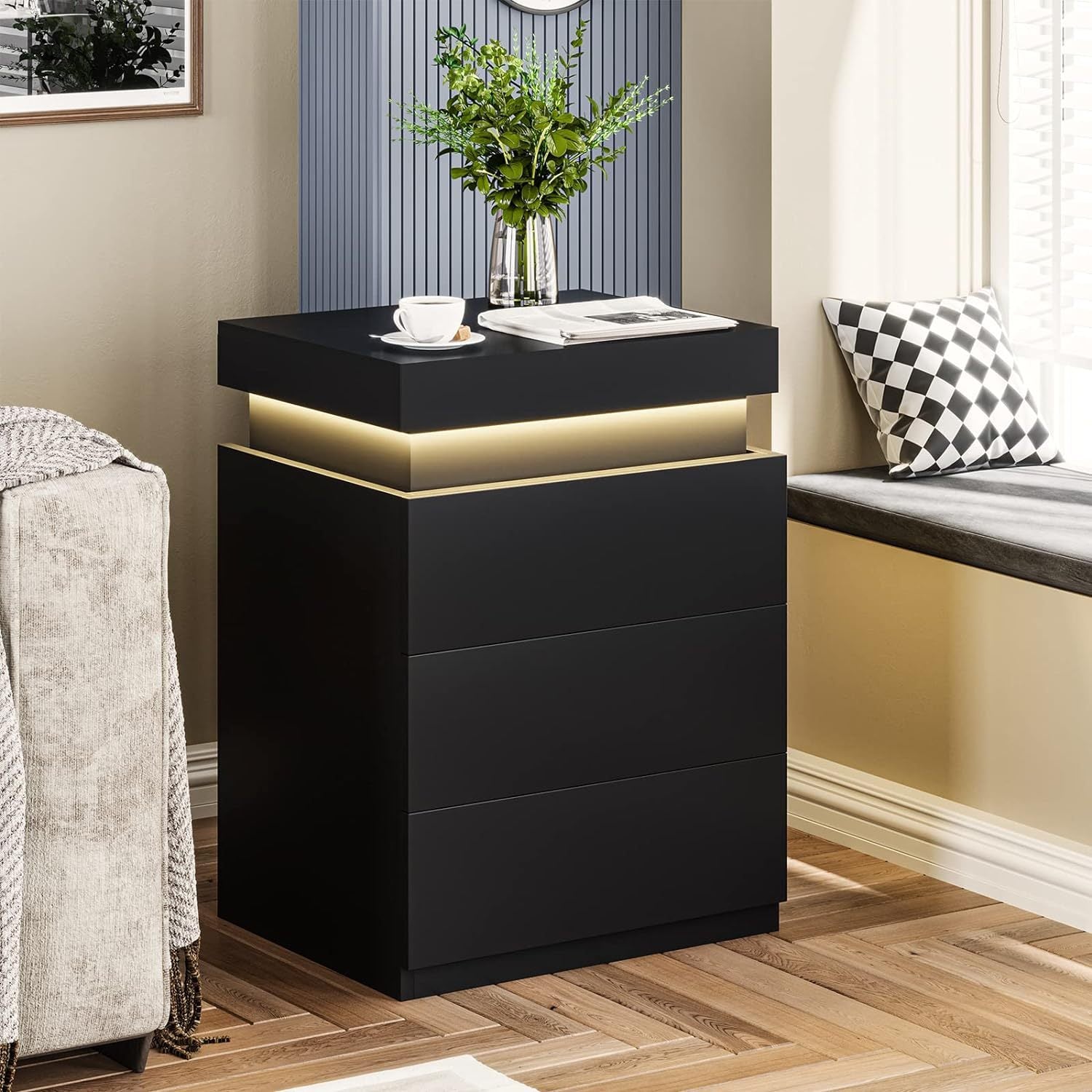 Led Black Nightstand Modern Multi Colour Led Night Table Bedside Tables For Bedroom, Living Room Black Particle Board