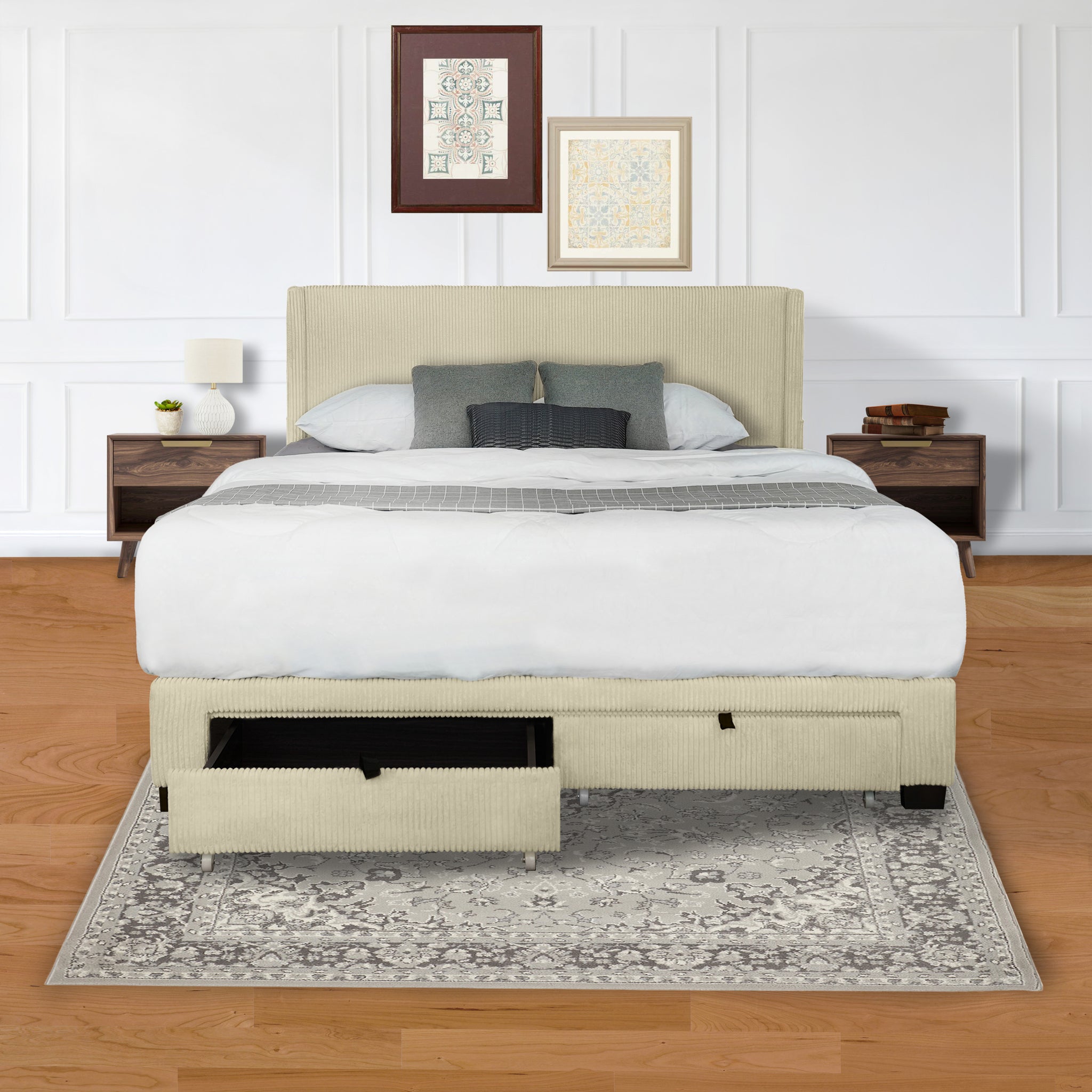 Corduroy Velvet Queen Footboard Drawer Storage Upholstered Wingback Bed No Box Spring Require Beige White Box Spring Not Required Queen Beige Wood Espresso Bedroom American Design,Casual,Contemporary,Cute,Modern Rubberwood Storage Included Fiber Foam And