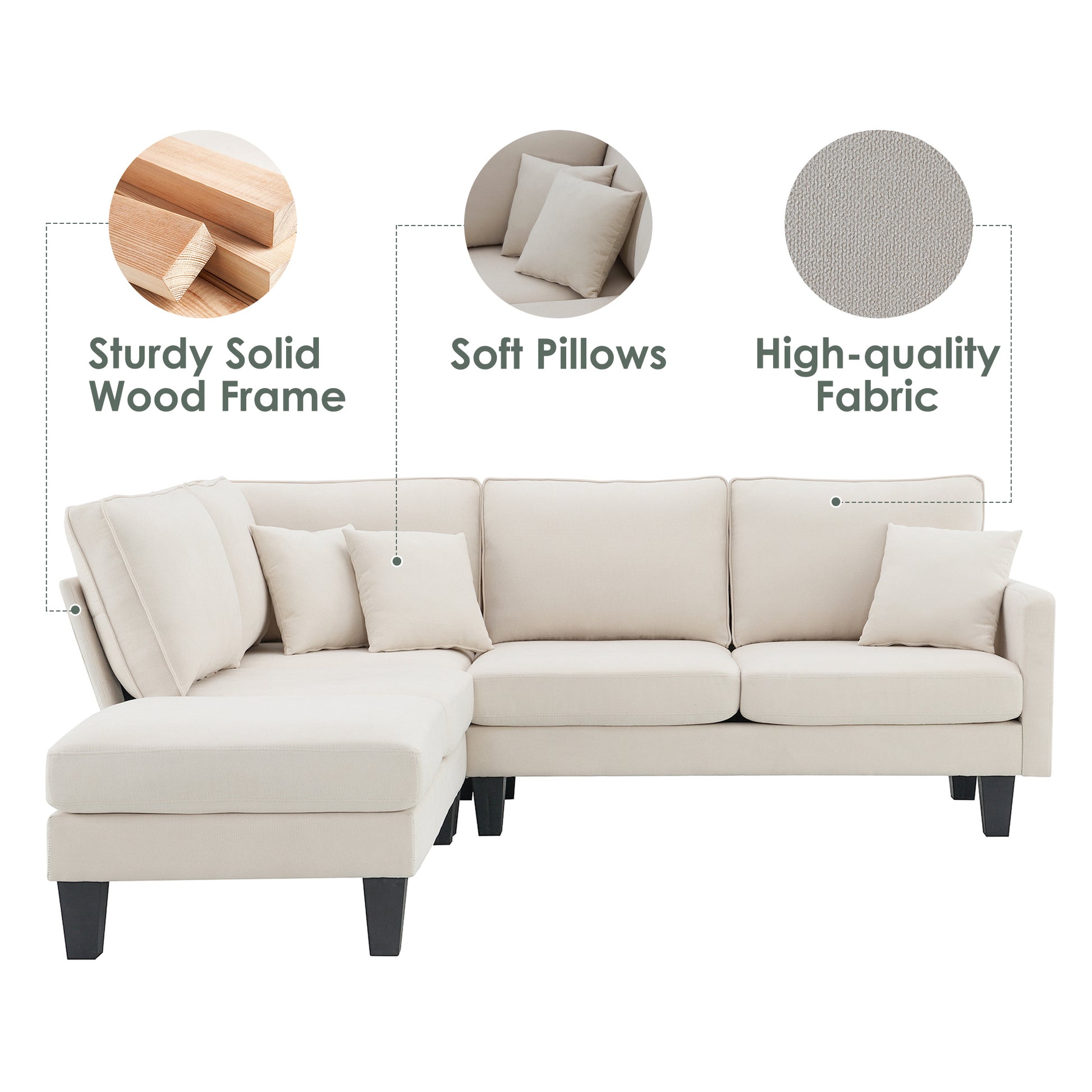 90*88" Terrycloth Modern Sectional Sofa,5 Seat Practical Couch Set With Chaise Lounge,L Shape Minimalist Indoor Furniture With 3 Pillows For Living Room,Apartment,Office, 3 Colors Beige Fabric 5 Seat