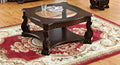 Glass Top Coffee Table Brown Base Lower Display Shelf Ornate And Sweeping Legs 1Pc Formal Luxury Coffee Table Antique Brown Primary Living Space Traditional Open Storage Square Wood