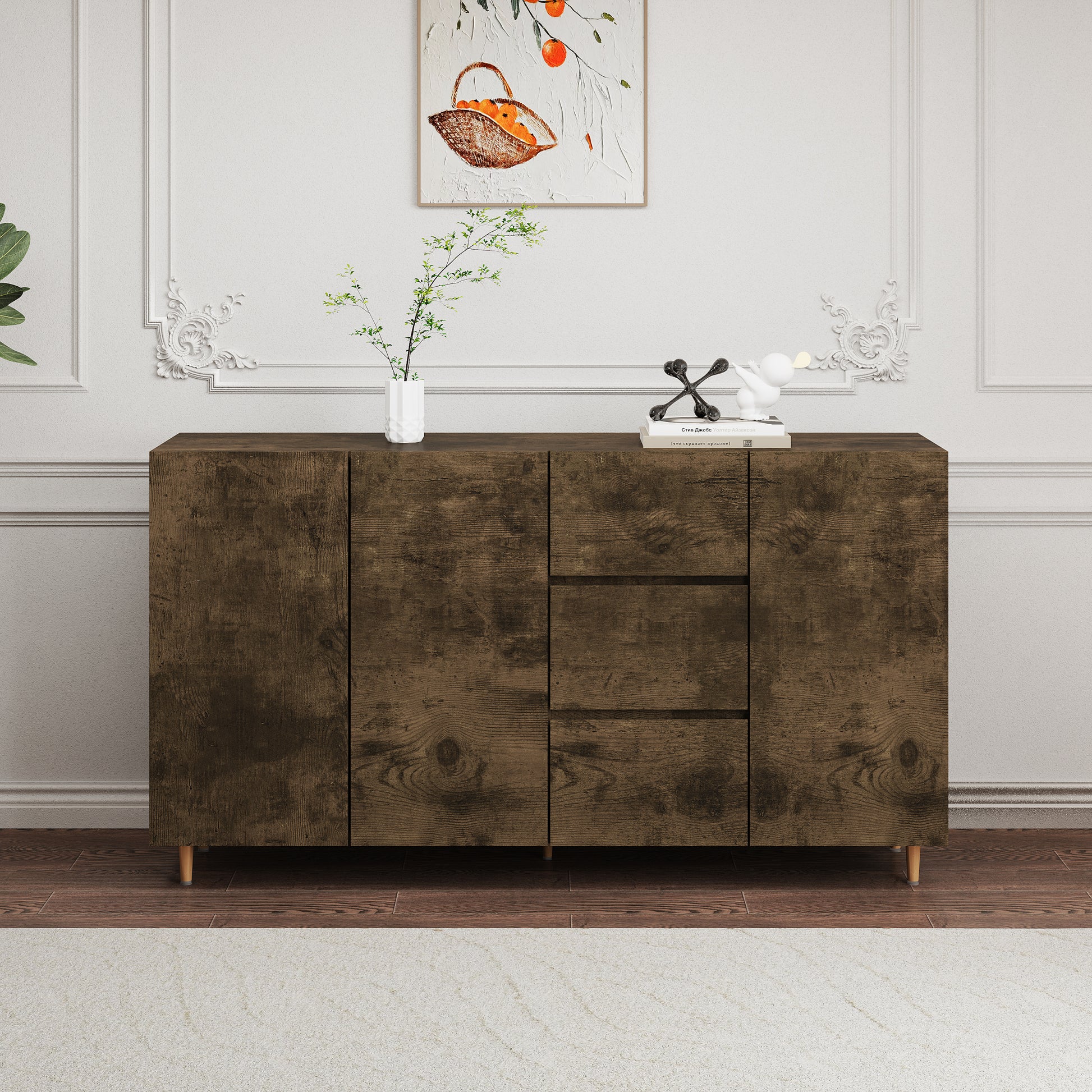 2402Rich Level Of Storage Space, Divided Display Storage One Of The Diversified Side Cabinets, Suitable For Dining Room, Living Room Black Brown Mdf