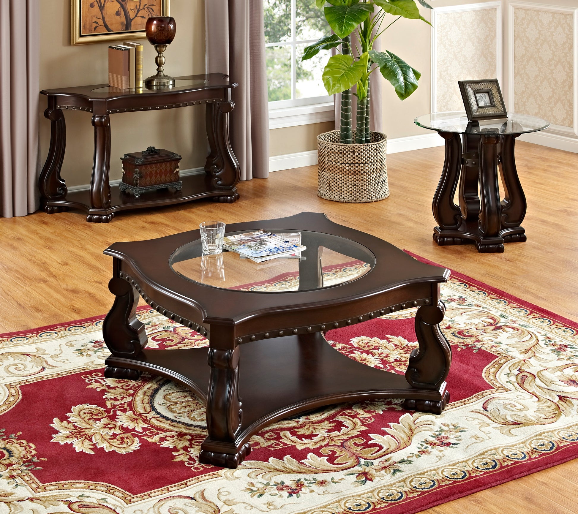 Glass Top Coffee Table Brown Base Lower Display Shelf Ornate And Sweeping Legs 1Pc Formal Luxury Coffee Table Antique Brown Primary Living Space Traditional Open Storage Square Wood