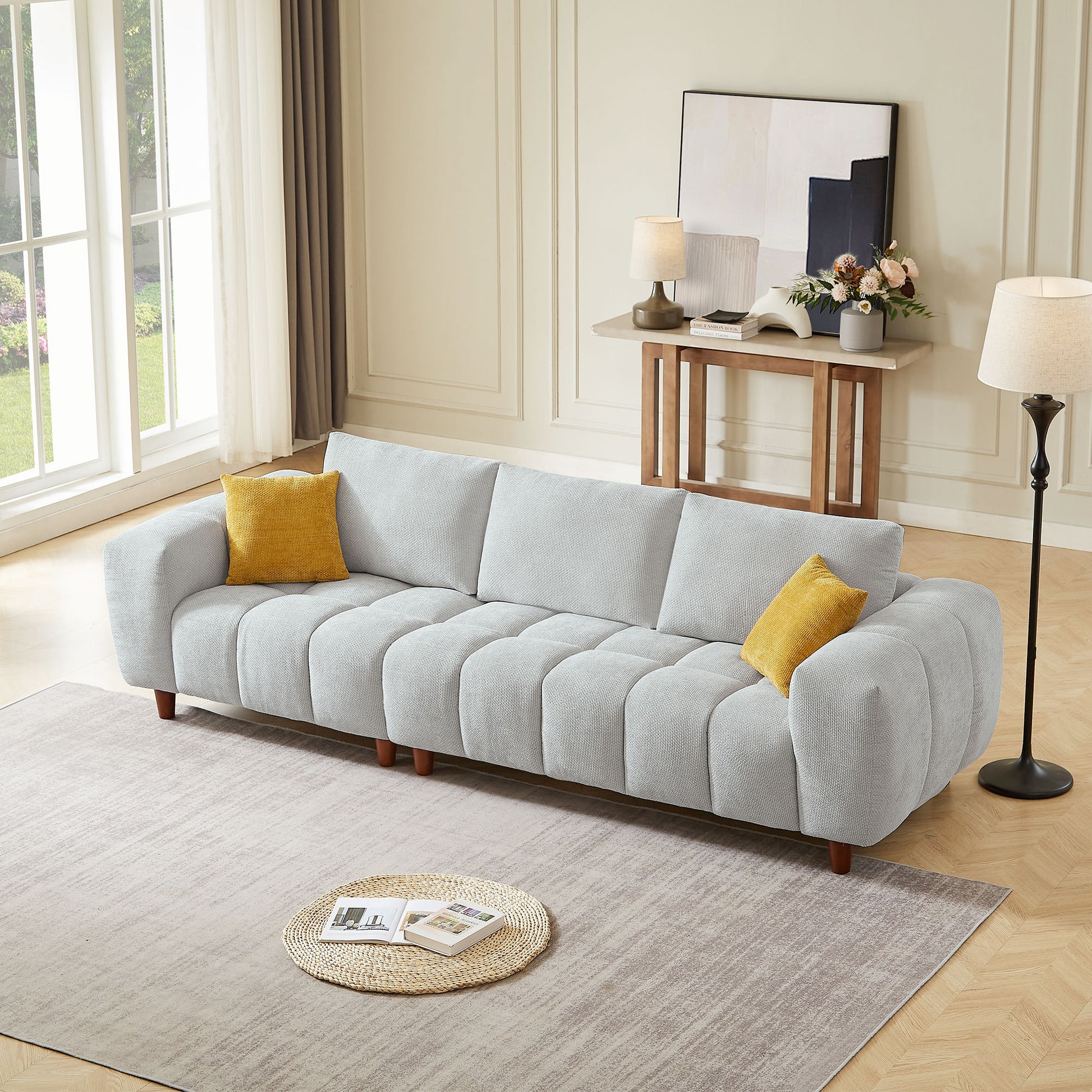 Convertible Sectional Sofa Couch, L Shaped Sofa With Fabric Couch,Modern Design Cream Style Marshmallow Sofa For Living Room And Office,Grey Light Grey Wood Fabric 3 Seat