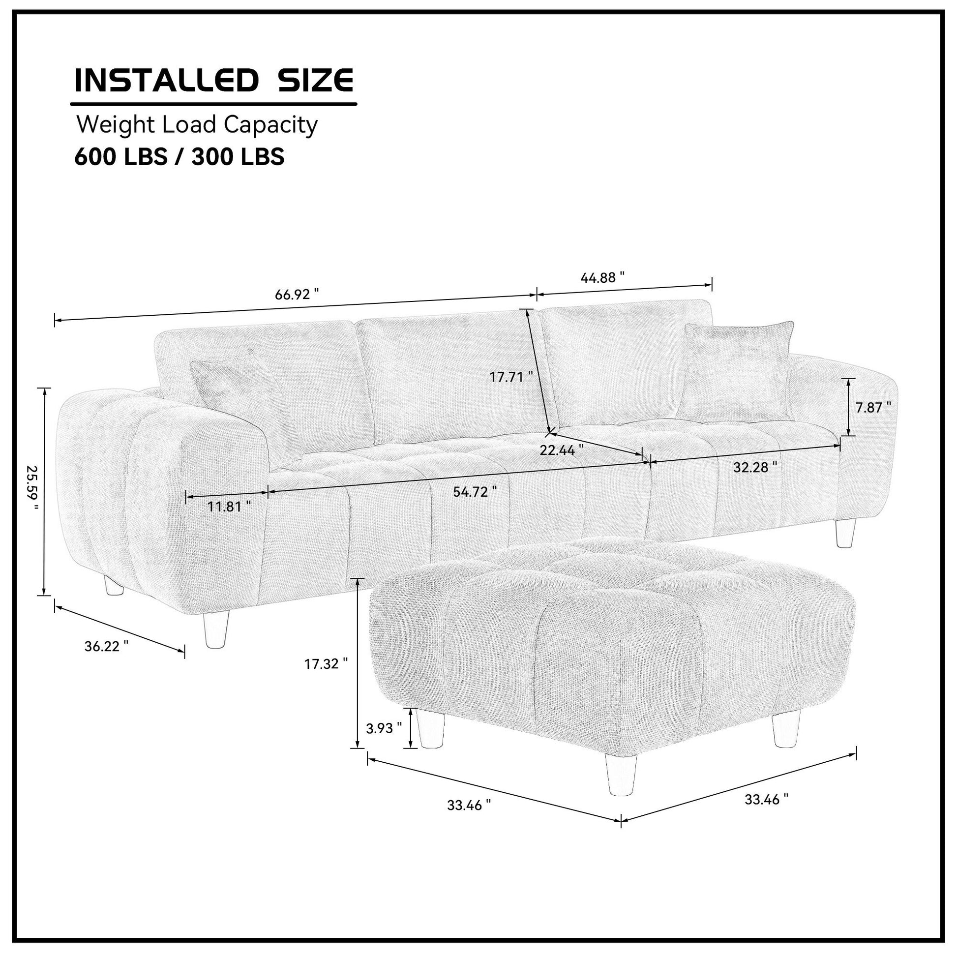 Convertible Sectional Sofa Couch, L Shaped Sofa With Fabric Couch,Modern Design Cream Style Marshmallow Sofa For Living Room And Office,Grey Light Grey Wood Fabric 3 Seat