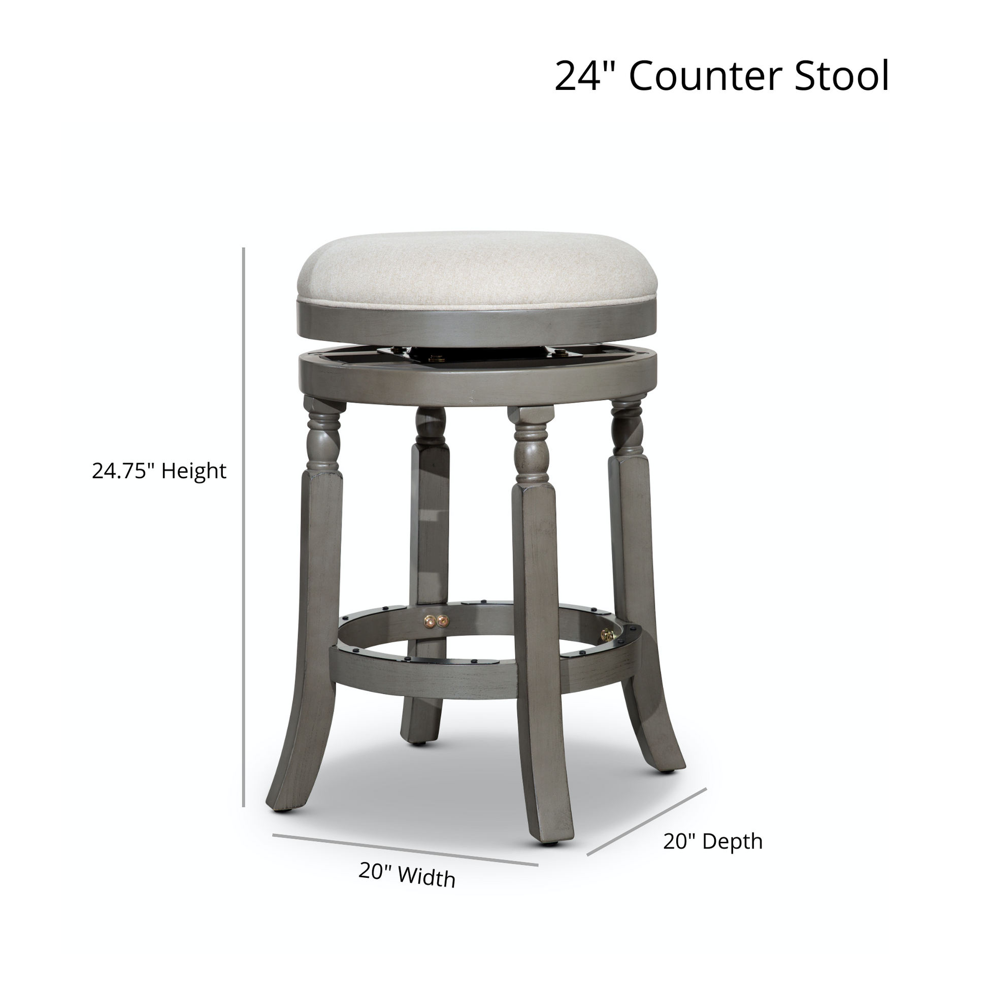 24" Counter Stool, White Finish, Charcoal Fabric Seat White Fabric