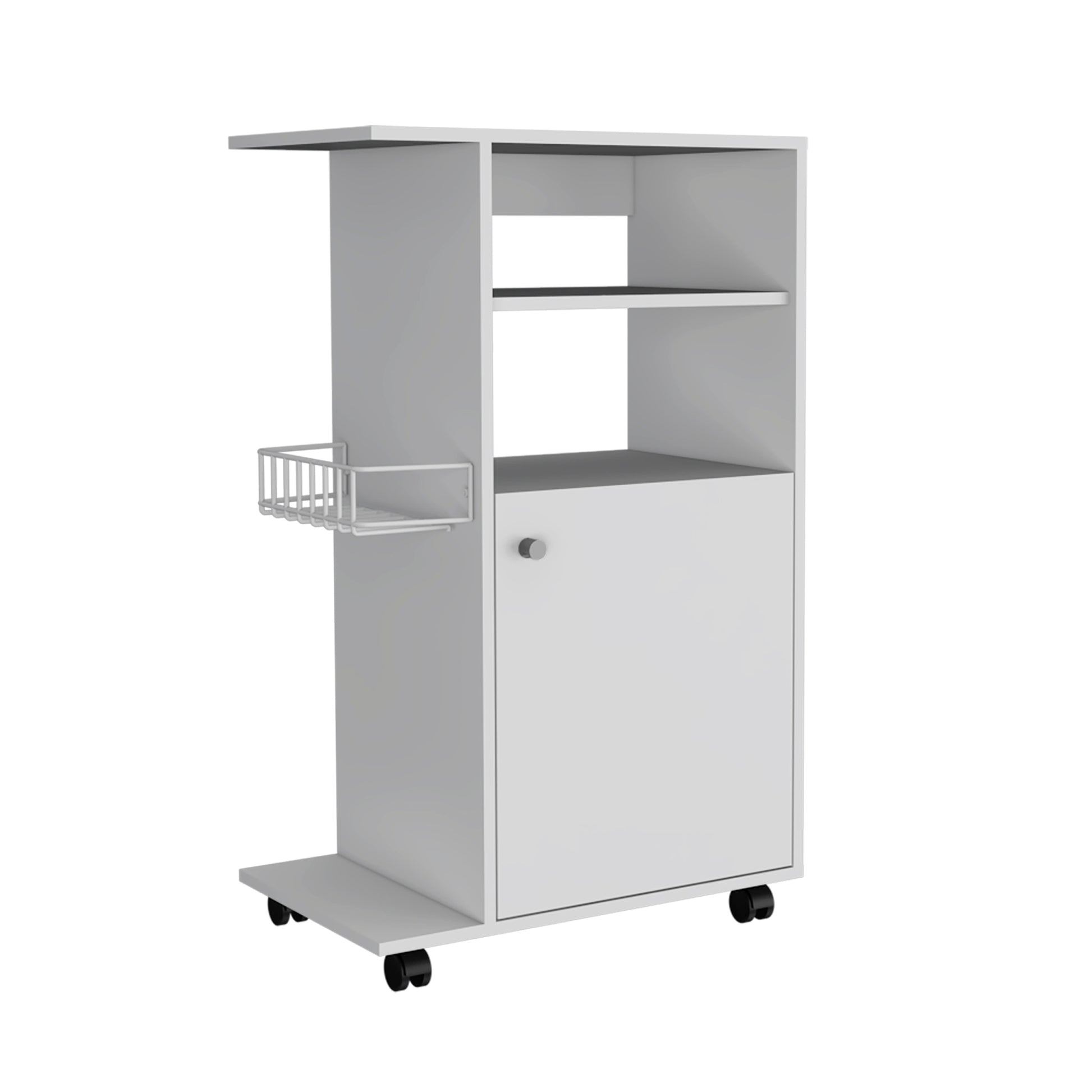 Modern Kitchen Cart 39" H, Single Door Cabinet, Four Wheels, One Side Shelf, White White Particle Board Particle Board