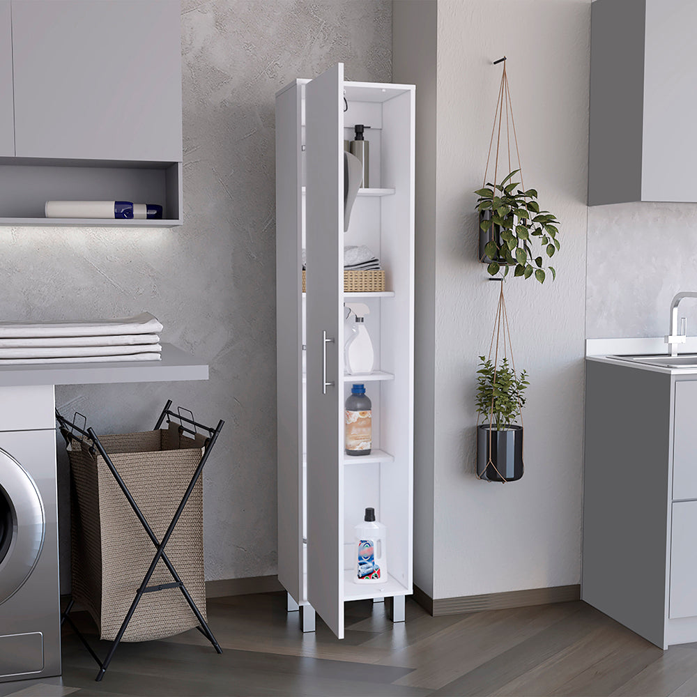 Laska 70" Tall Storage Cabinet Broom Closet With Broom Hangers,And Four Shelves White Particle Board