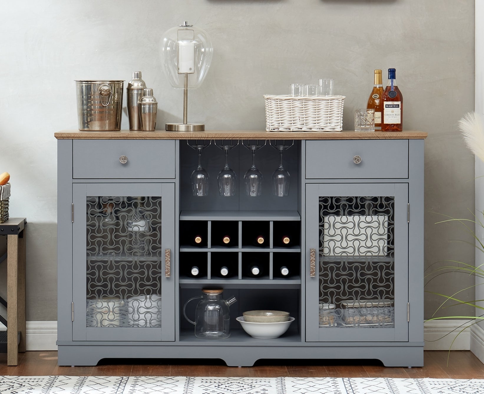 Modern Farmhouse Buffet Cabinet, Sideboard With 2 Drawers And Elegant Glass Door Cabinets, Wine And Glass Rack, Coffee Bar For Kitchen, Dining Room, Light Blue And Light Oak, 56.46"W*15.55"D*35.74"H Light Blue Mdf