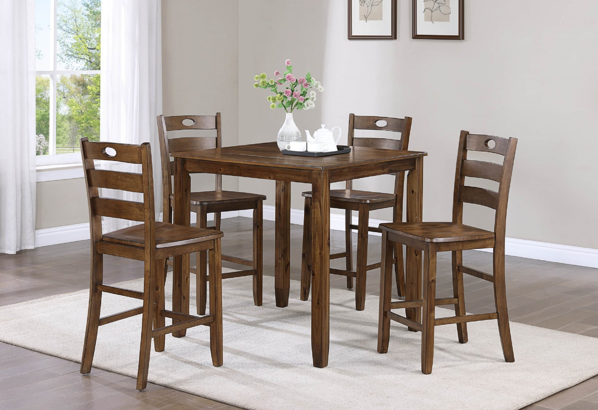 Casual 5 Piece Counter Height Dining Square Table Side Chairs Kitchen Table Dining Room Wooden Furniture Set Brown Finish Brown Wood Dining Room Square Dining Table With Chair Wood Wood Brown Ladder Back Seats 4 36 Inches Transitional 4 Leg Wood