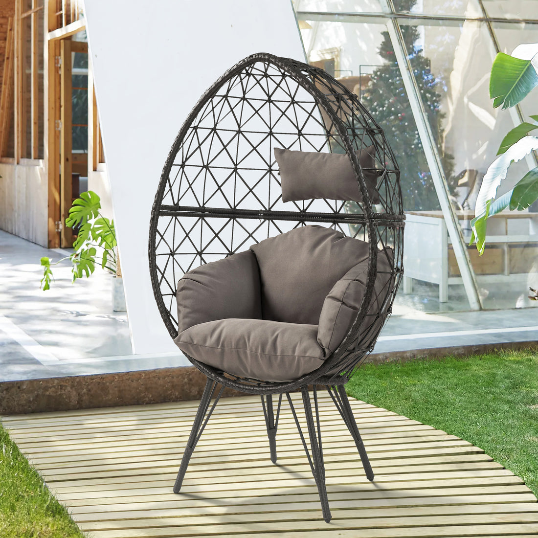 Light Grey And Black Patio Chair With Upholstered Cushion Yes Black Gray Garden & Outdoor Modern Wicker