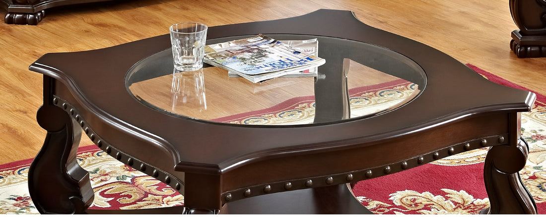 Glass Top Coffee Table Brown Base Lower Display Shelf Ornate And Sweeping Legs 1Pc Formal Luxury Coffee Table Antique Brown Primary Living Space Traditional Open Storage Square Wood